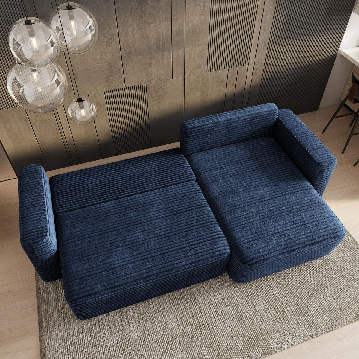 ECKSOFA TELIN Blau Kordstoff mit Schlaffunktion - Blau, Holz (280/162cm) - MASSENO