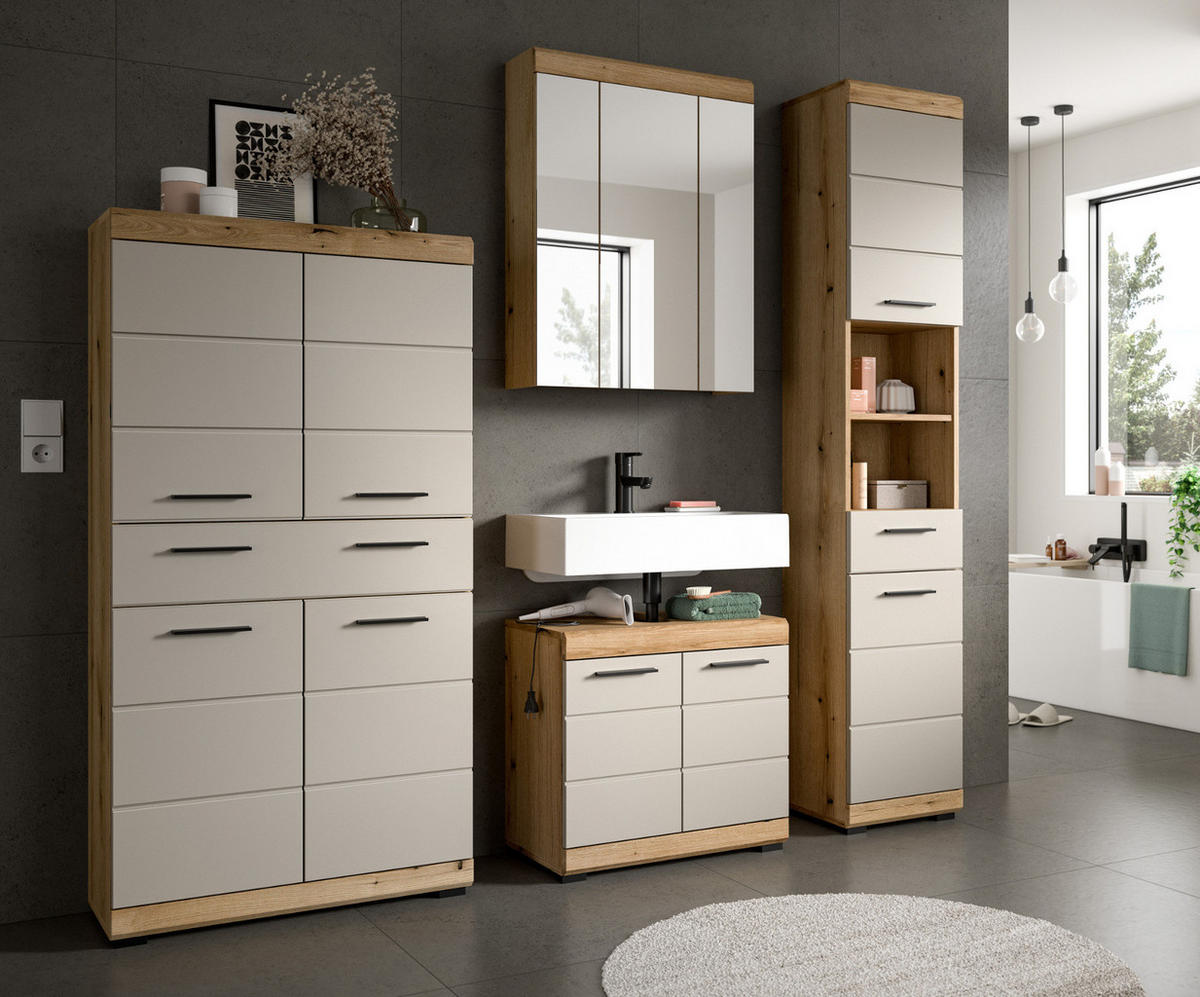 BADMÖBEL-SET Sand Kashmir, Evoke Eiche 4-teilig, Badkombination 201 cm - Kaschmir/Eichefarben, Glas/Holzwerkstoff (201/191/34cm) - Inn.Furn