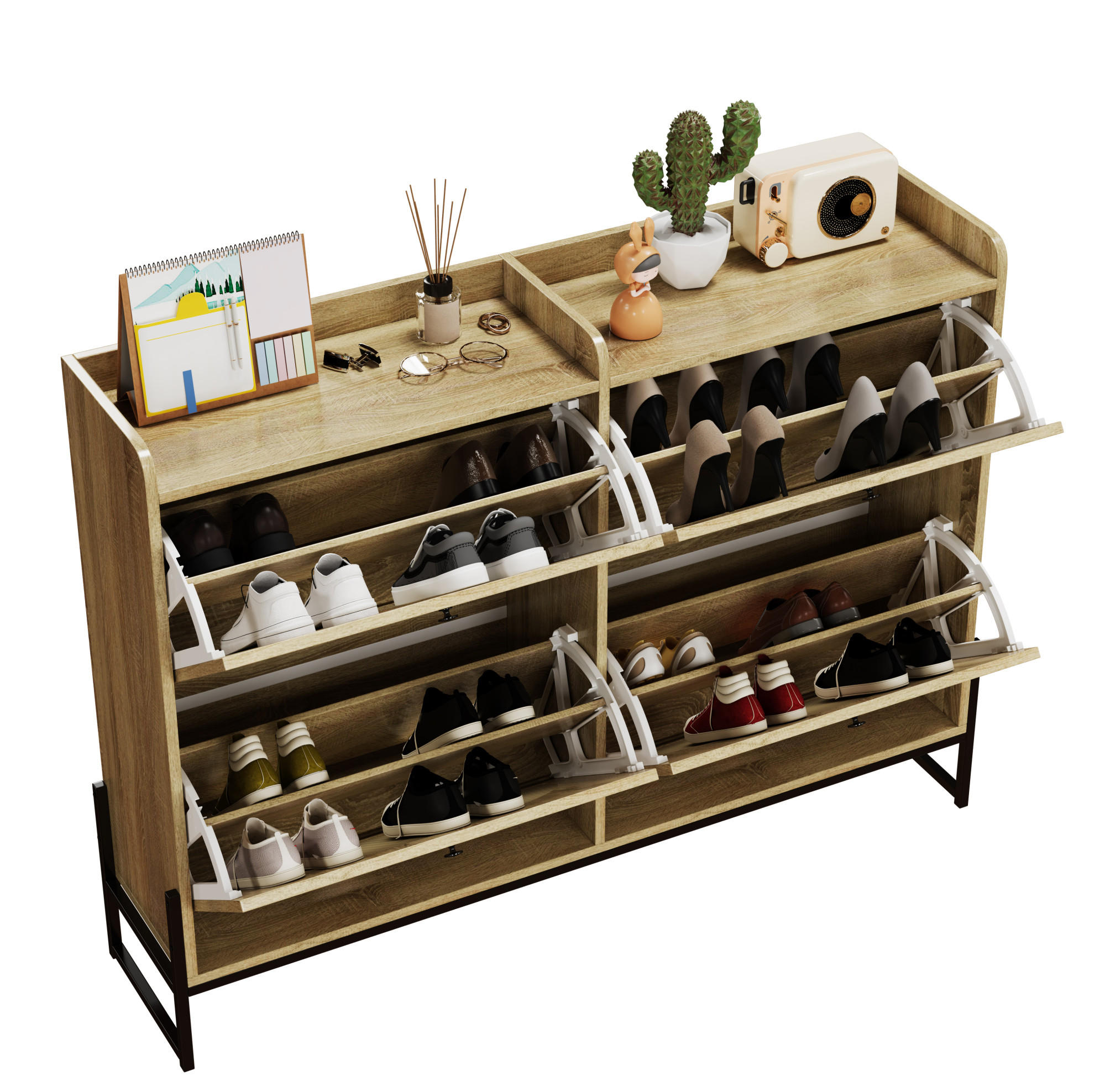 SCHUHSCHRANK 121(118)/25/91,5 cm mit Belüftung und 4 Klappen aus Spanplatte und PE-Rattan, Holzfarbe - Naturfarben, Holzwerkstoff (118/91.5/25cm) - Redom