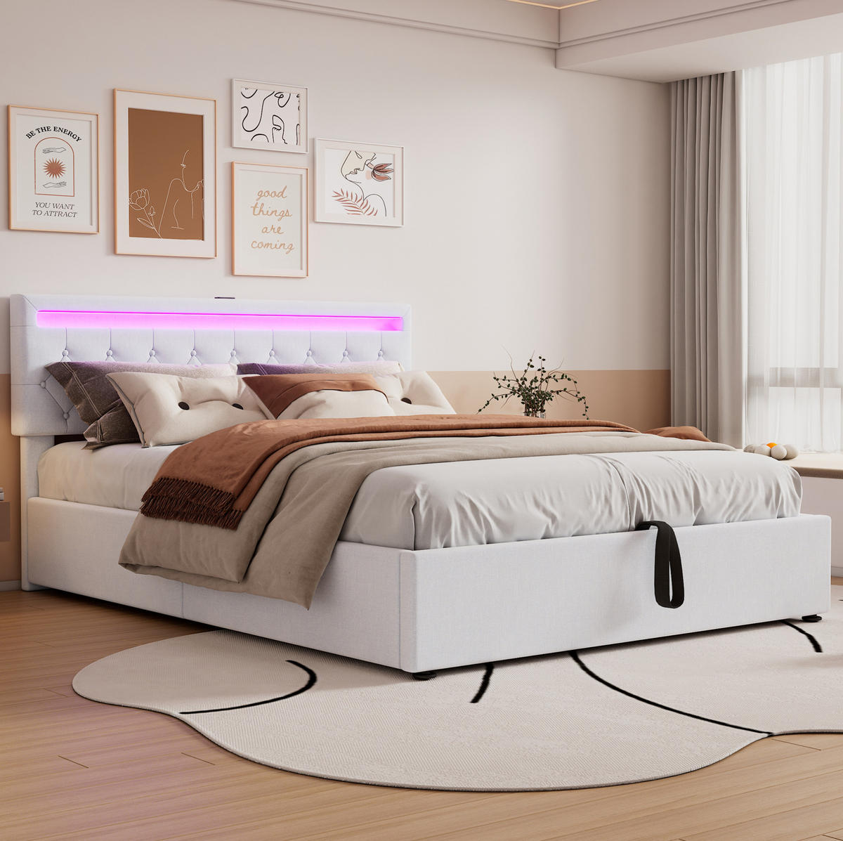 POLSTERBETT aus Leinen 160x200 cm in Weiß mit LED-Beleuchtung & USB-C - Weiß, Textil (160/200cm) - Modfu