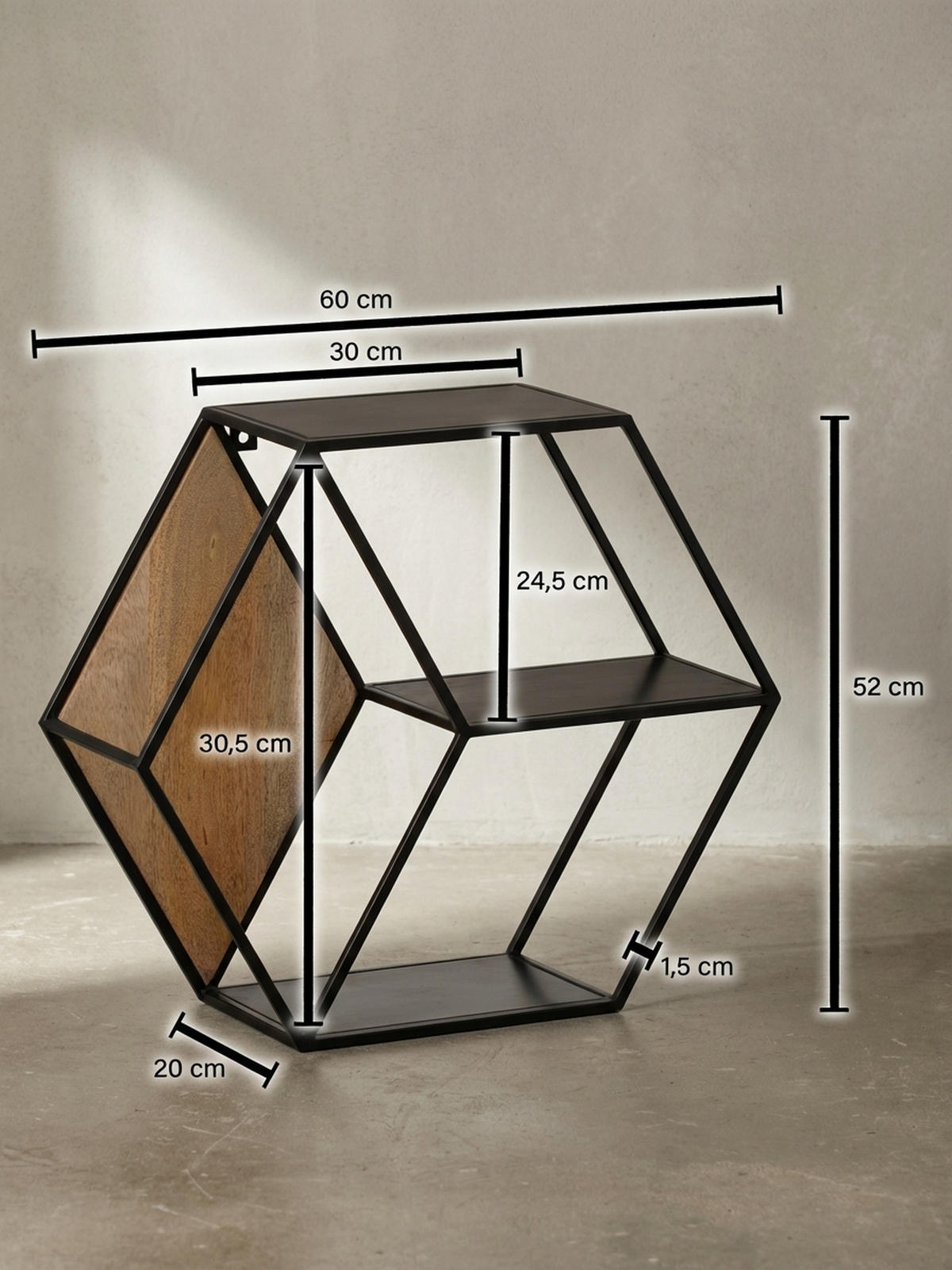 WANDREGAL Mango Massivholz Metall Industrial Stil 60x52x20 cm Sechseckig mit 3 Ablagen - Schwarz, Holz (60/52/20cm) - KADIMA DESIGN