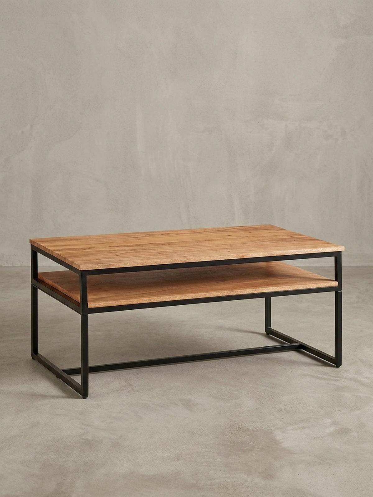 COUCHTISCH Industrial Vintage, Akazienholz und Eisen, 2 Ablagen, Belastbarkeit 15 kg - Beige/Schwarz, Holz/Metall (60/100/45cm) - KADIMA DESIGN