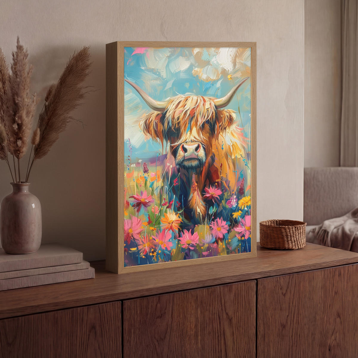 NÁSTĚNNÁ LAMPA S AKUMULÁTOREM Skotský horal - Příroda - Barevné - Květiny 40x60 cm - různobarevná, kompozitní dřevo (40/60/8cm) - OnlyWow