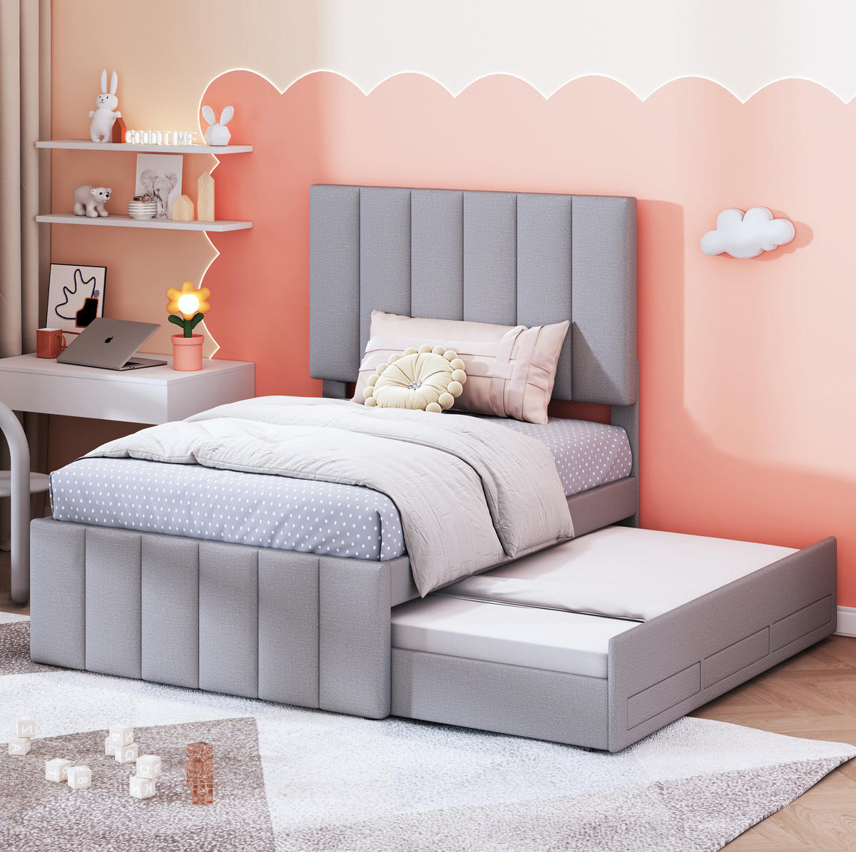 POLSTERBETT 90/200 cm aus Leinen mit Ausziehbett und 3 Schubladen Grau - Grau, Textil (90/200cm) - Modenvie