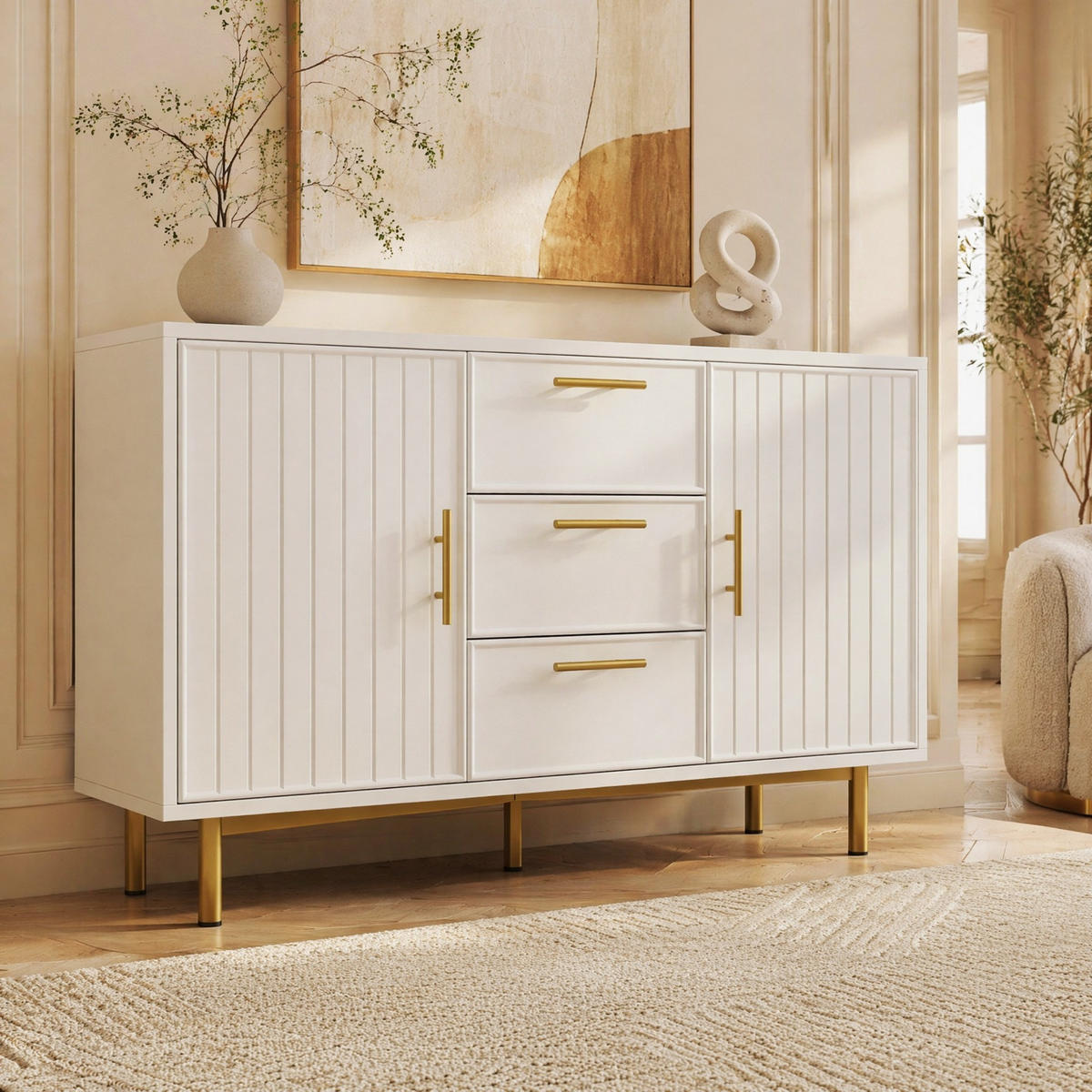 KOMMODE in Weiß Sideboard mit 2 Türen und 3 Schubladen für Wohnzimmer und Schlafzimmer, B120/T40/H75 cm - Goldfarben/Weiß, Holzwerkstoff/Metall (120/75/35.5cm) - STILVORA