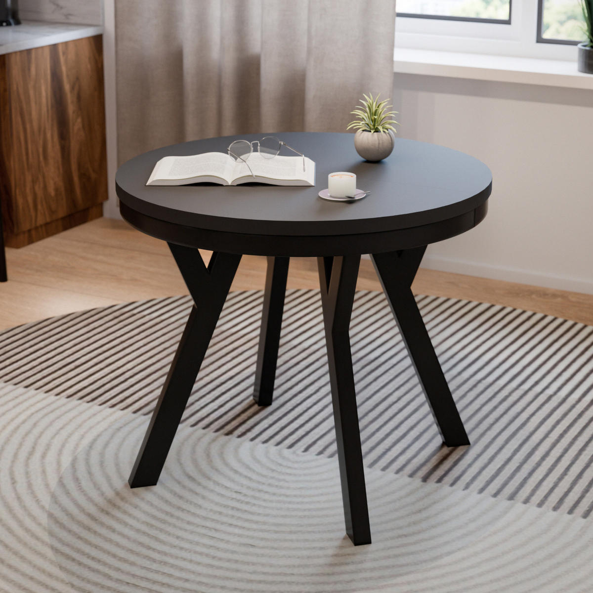 ESSTISCH ARI Rund (90-190 cm Ausziehbar Schwarz Matt Metallbeine Loft Design) - Schwarz, Holz/Holzwerkstoff (90/90/76cm) - Ravio