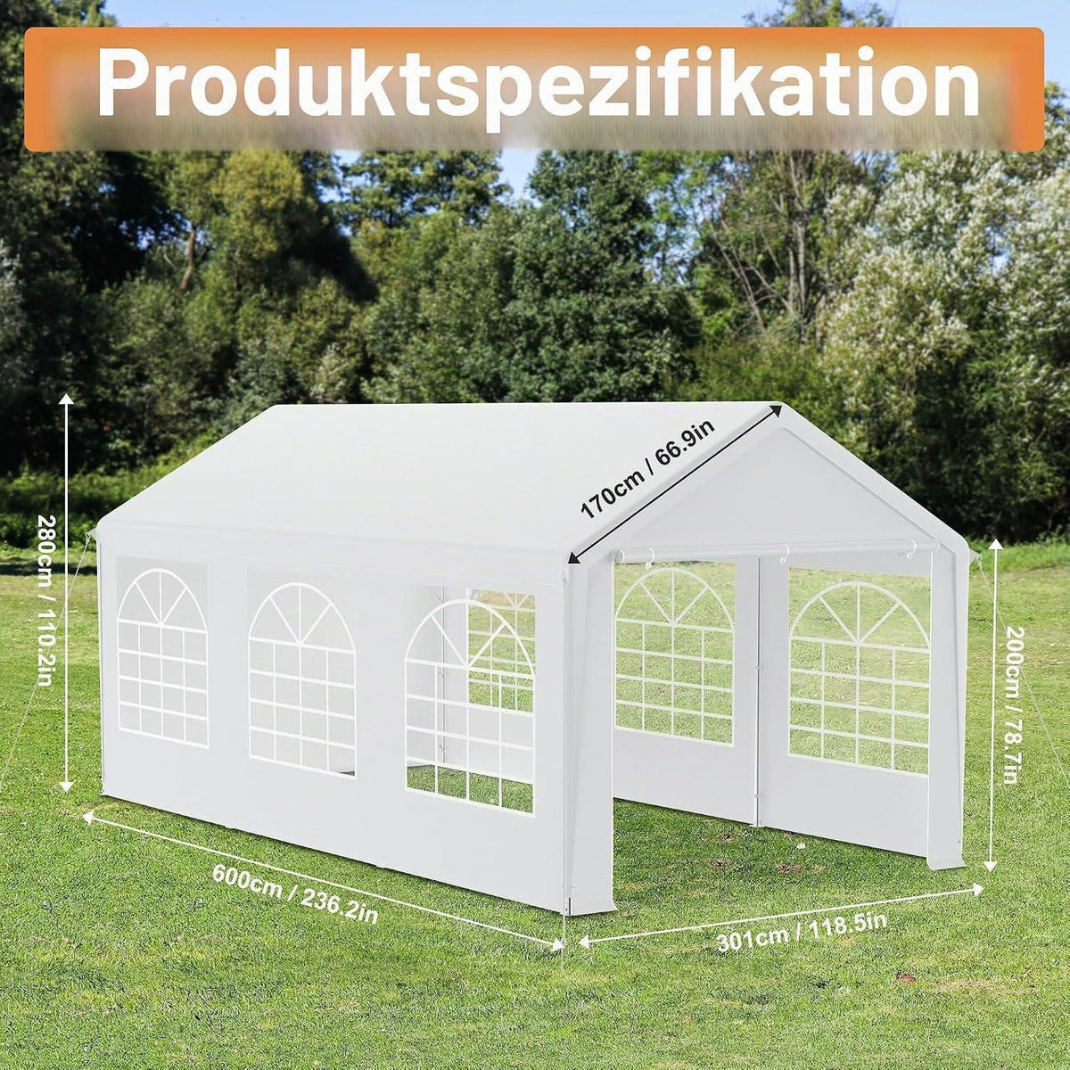 GARTENZELT 3 x 6 m Weiß mit 4 Seitenwänden - Weiß, Textil (300/280/600cm)