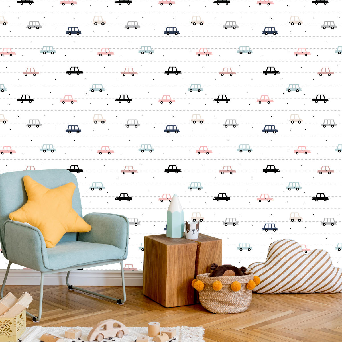 VLIESTAPETE Autos im skandinavischen Stil – Pastellbunt, Weiß – 50x1000 cm - Multicolor/Weiß, Papier (50/1000cm) - Muralo