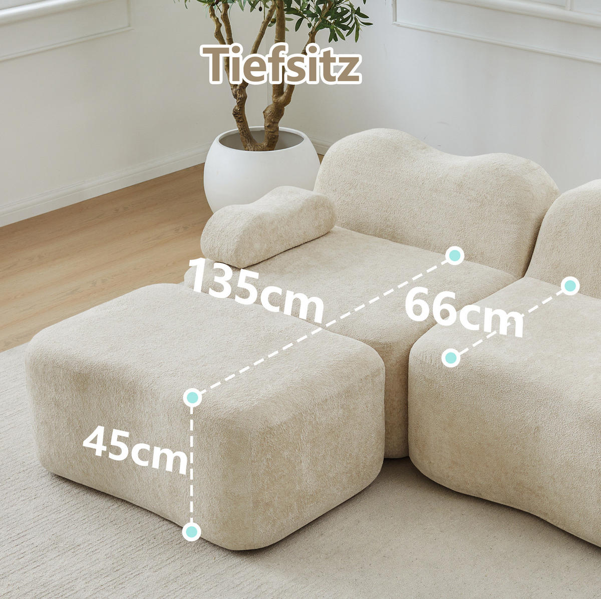 2-SITZER Sofa aus Samt Beige mit 2 Hockern, rahmenloses Design und 32D-Hochdichtschaum - Beige, Textil (192/70/167cm) - Modfu