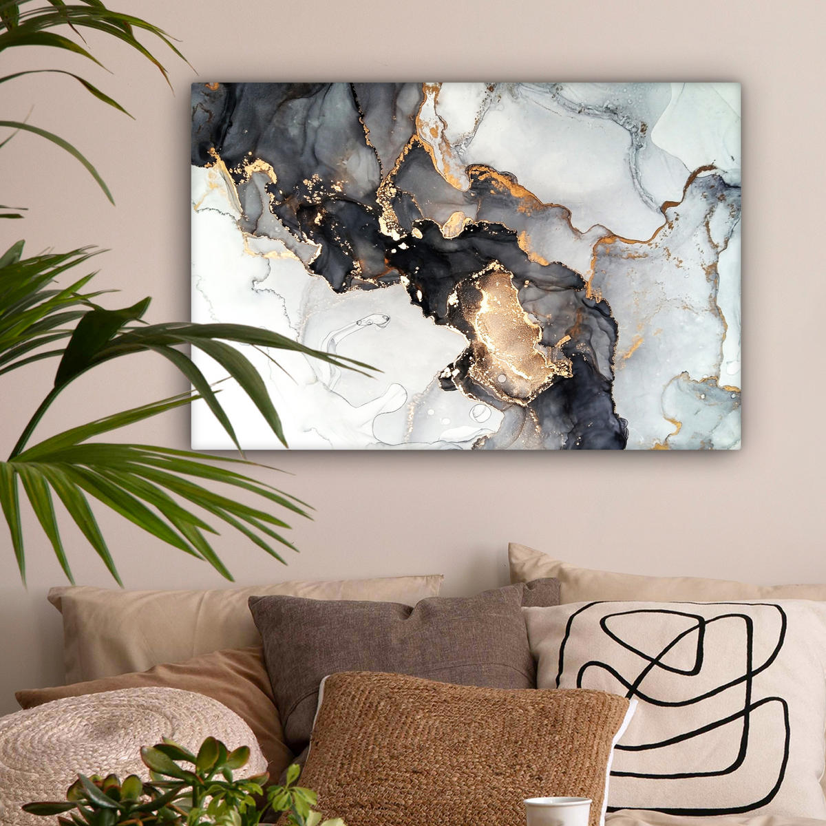 LEINWANDBILD Marmor - Schwarz - Weiß - Gold - Luxus - Abstrakt Wanddeko 90x60 cm - Goldfarben, Textil (90/60cm) - MuchoWow