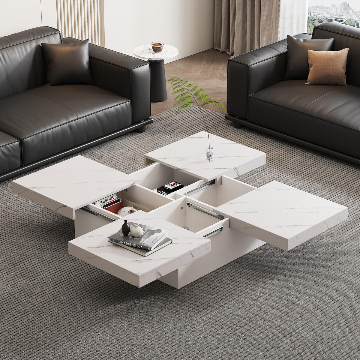 COUCHTISCH mit 4 Schubladen & Schiebefunktion, Marmoroptik Weiß, Spanplatte, 30 kg Tragkraft - Weiß, Holzwerkstoff (90/90/25cm) - EVRYAE