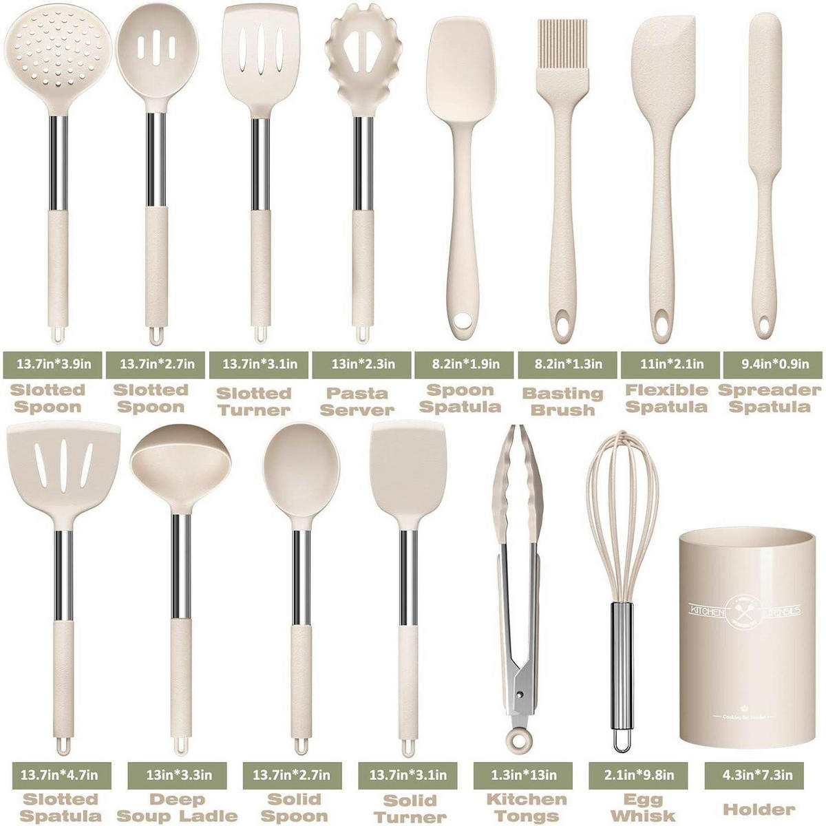 KÜCHENUTENSILIEN-SET 15-teilig Silikon Khaki - Olivgrün, Kunststoff