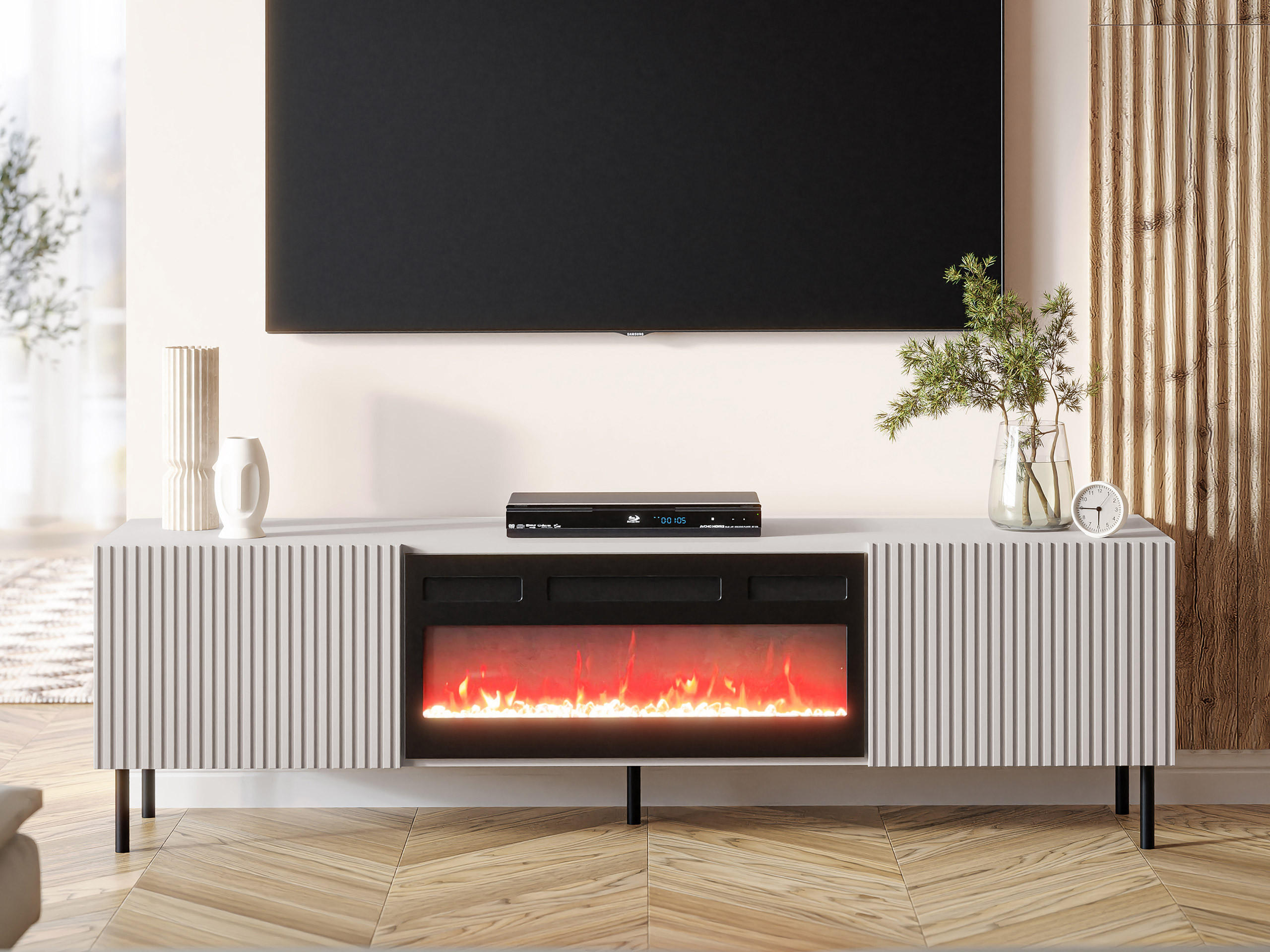 TV-ELEMENT Aruba 2D 181 mit Kamin - Schwarz/Naturfarben, Holzwerkstoff (181/53/42cm) - MIRJAN24