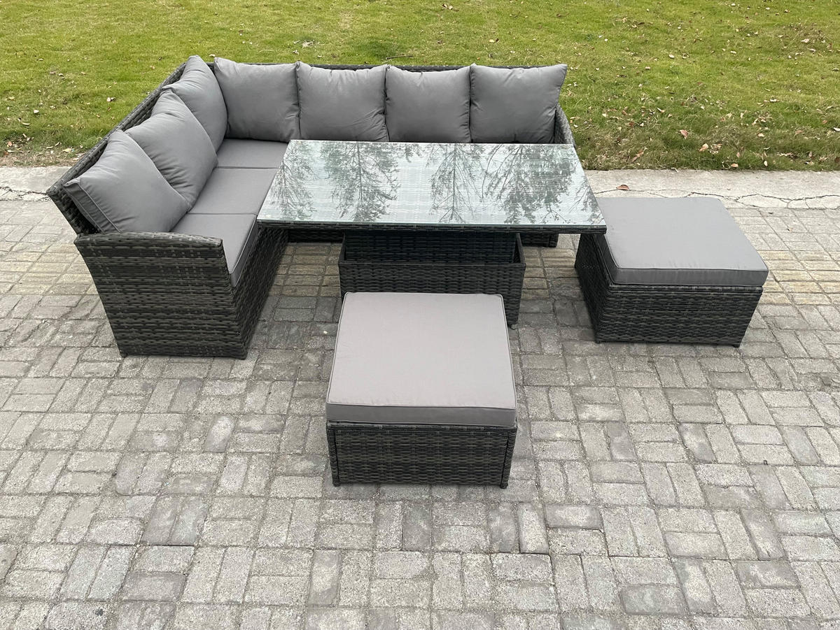 GARTENSET mit Höhenverstellbarer Tisch, 2 Fußhocker Polyrattan Dunkelgrau 8-Sitzer - Dunkelgrau/Grau, Glas/Kunststoff - Fimous