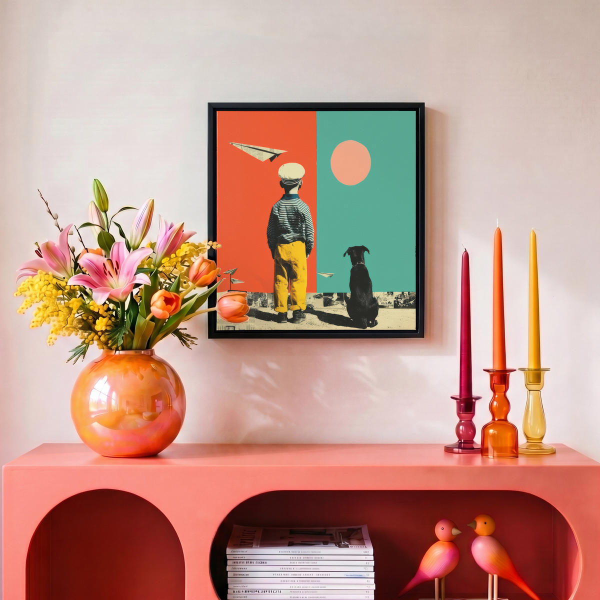 LEINWAND Bilder mit Rahmen - Retro - Junge - Hund - Rot - Grün - 20x20 - Orange, Textil (20/20cm) - MuchoWow