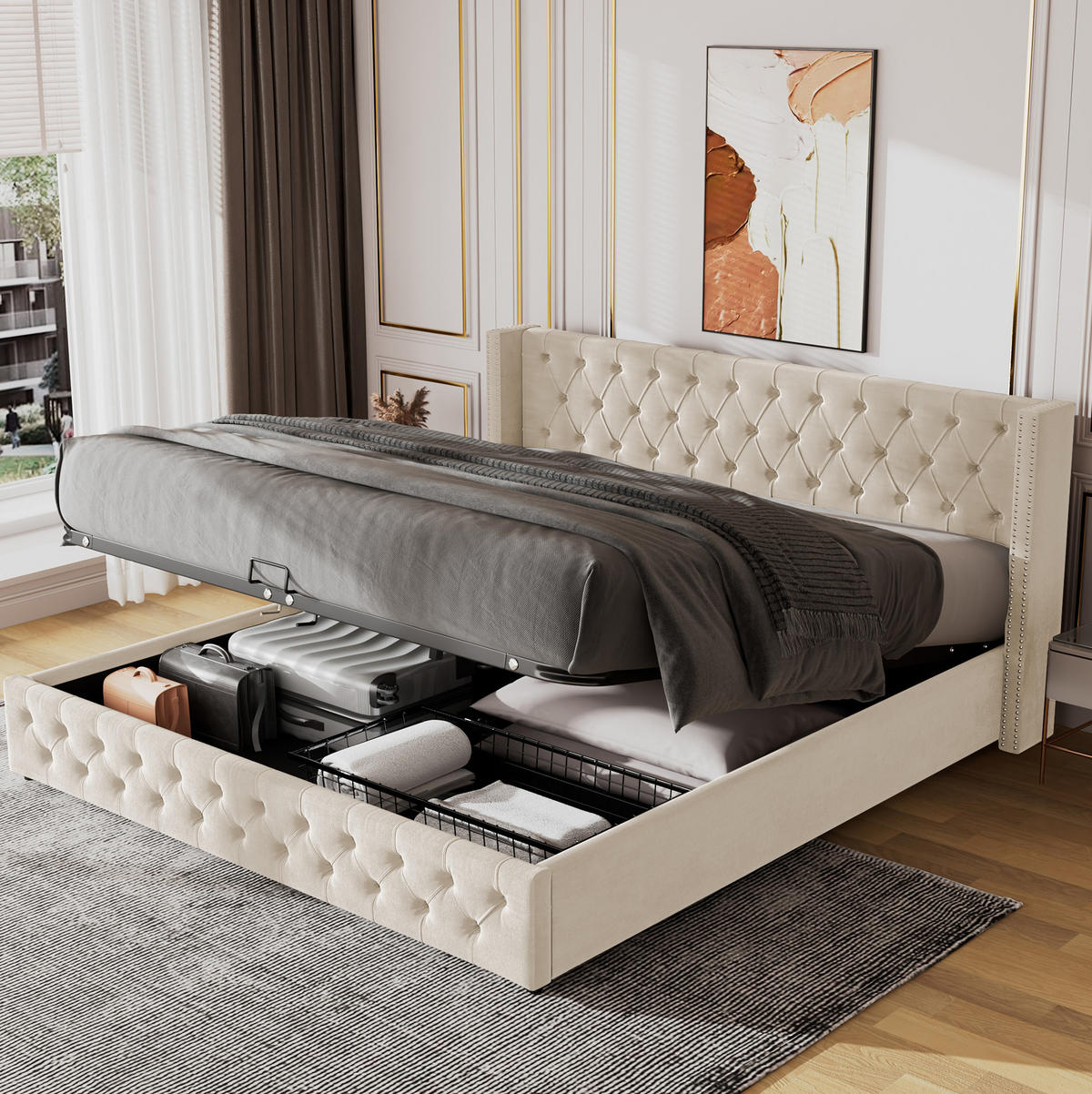 ČALÚNENÁ posteľ z velúru 140x190 cm béžová s hydraulickým úložným priestorom a prešívaným Chesterfield dizajnom - béžová, textil (140/190cm) - Modfu