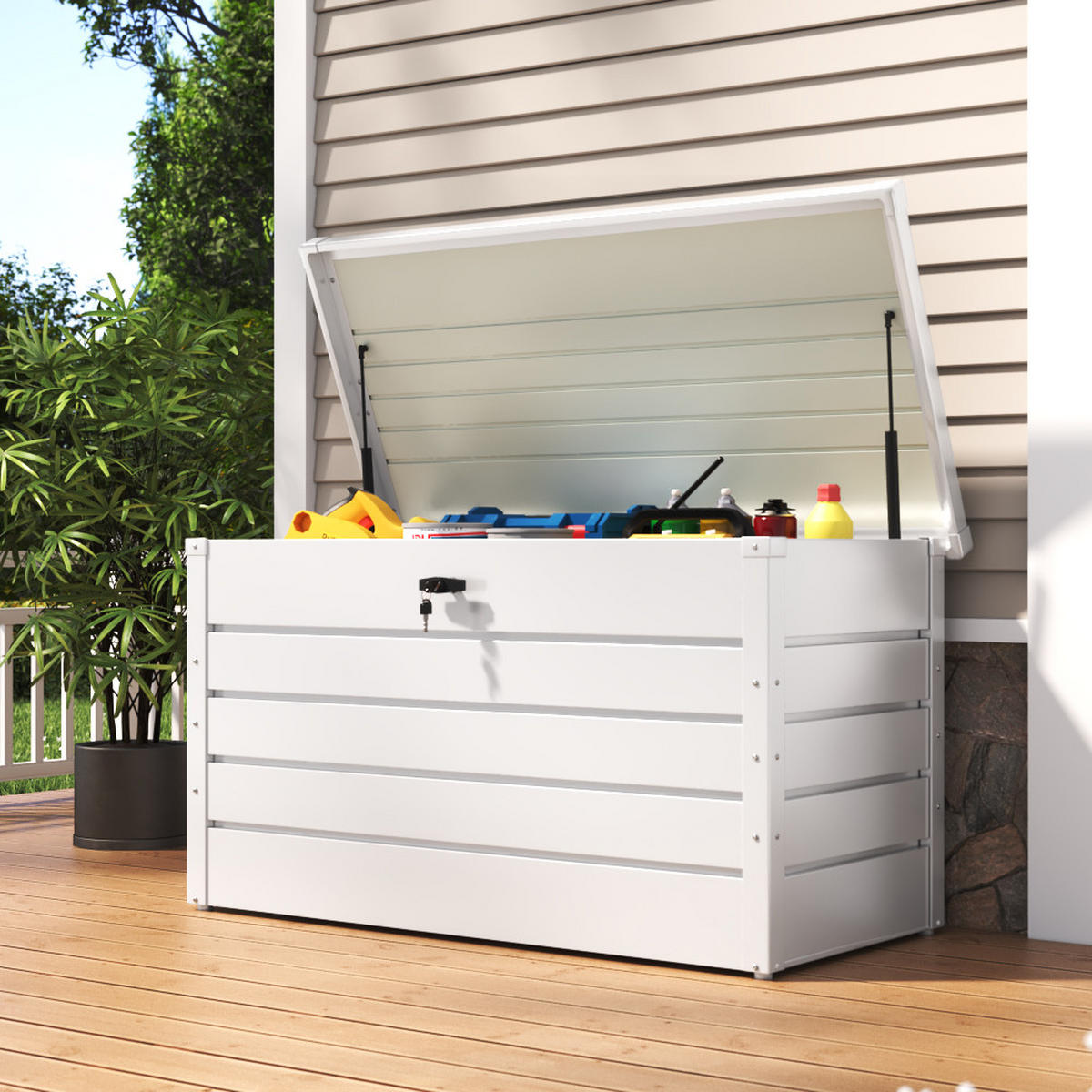 GARTENBOX Auflagenbox Kissenbox mit Schloss für Werkzeuge aus Metall in Anthrazit in AußenGarten abschließbar 60 x 114 x 53 cm 20 kg - Weiß, Metall (60/53/114cm) - Livingandhome