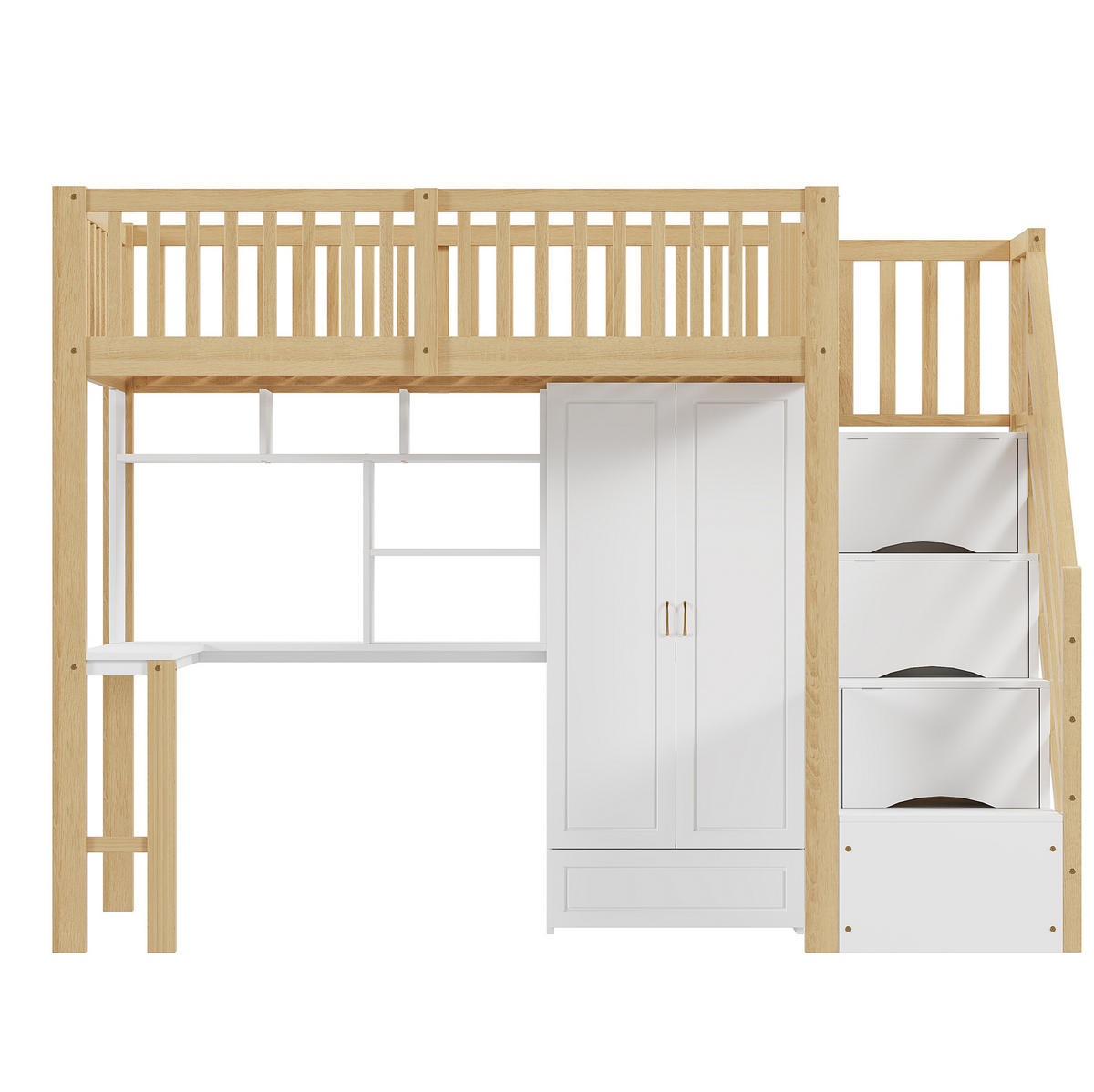 HOCHBETT 90/200 cm mit Kleiderschrank, Schreibtisch und Stauraumtreppe - Naturfarben, Holz (90/200cm) - Flora Grace