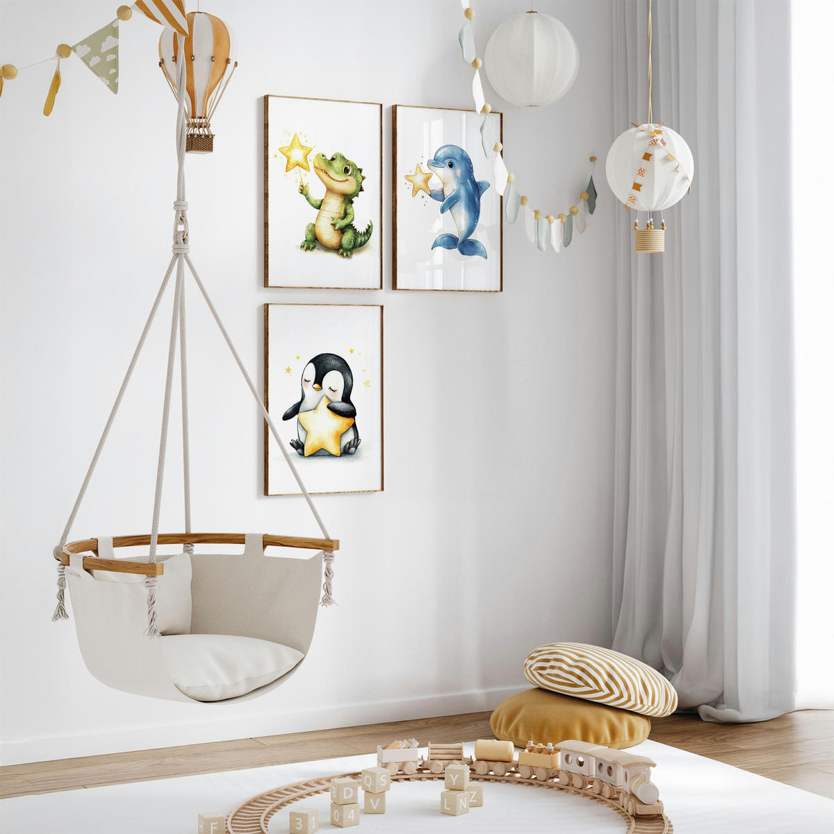 POSTER SET für Kinderzimmer TIERE Sterne Krokodil Delfin Pinguin A4 21x30cm - Gelb/Schwarz, Papier (21/30/1cm) - Muralo