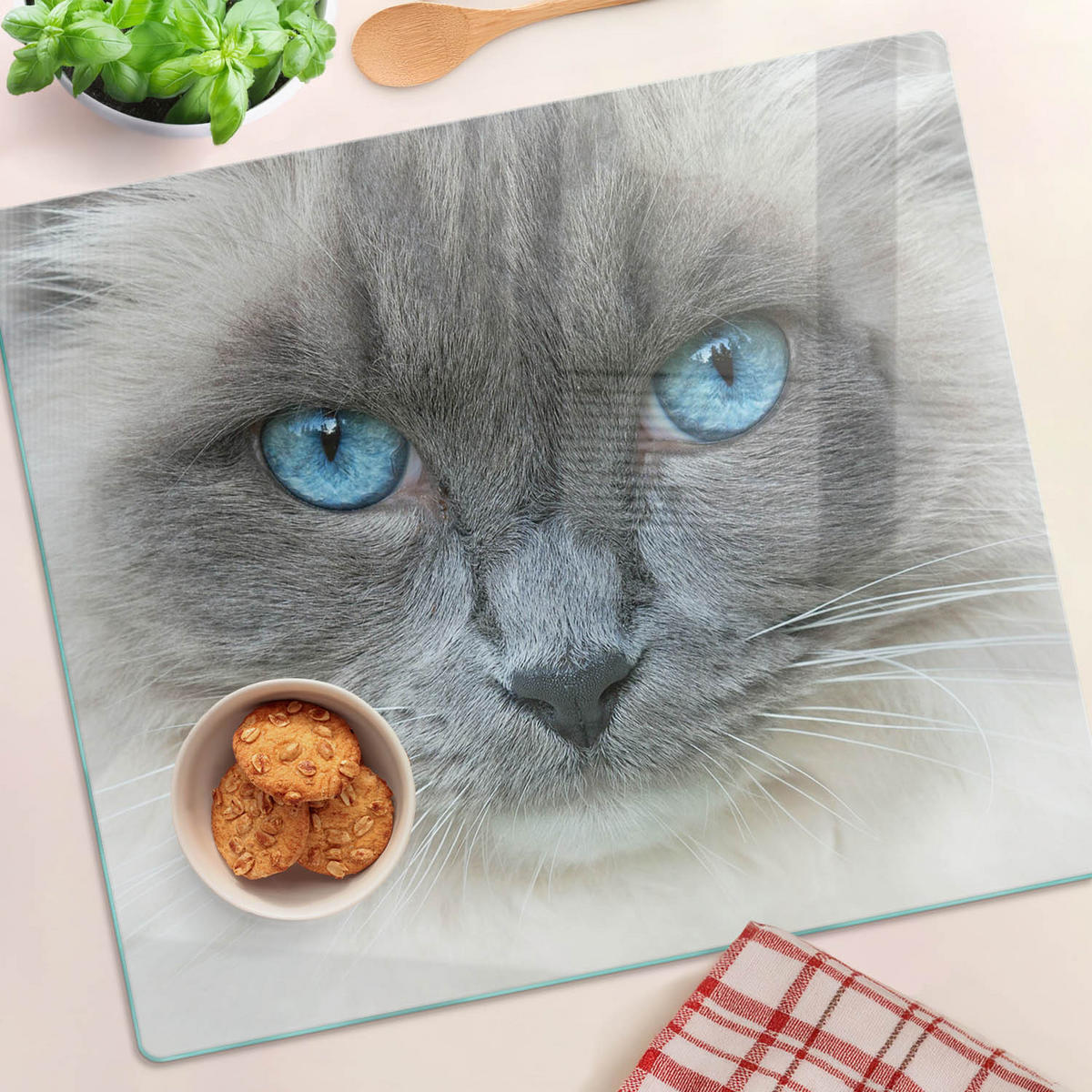 GLASPLATTE 60x52 cm Katze mit blauen Augen - Blau, Glas (60/0.4/52cm) - TULUP