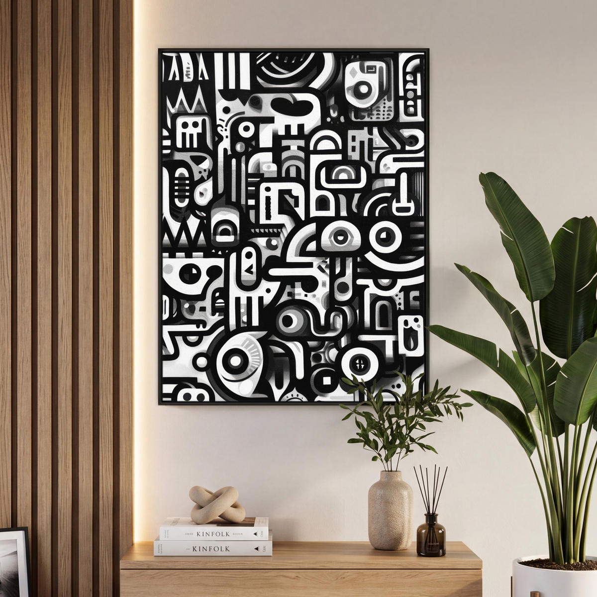 LEINWAND Bilder mit Rahmen - Symbole - Abstrakt - Grafik - Schwarz - 70x100 - Schwarz, Textil (70/100cm) - MuchoWow