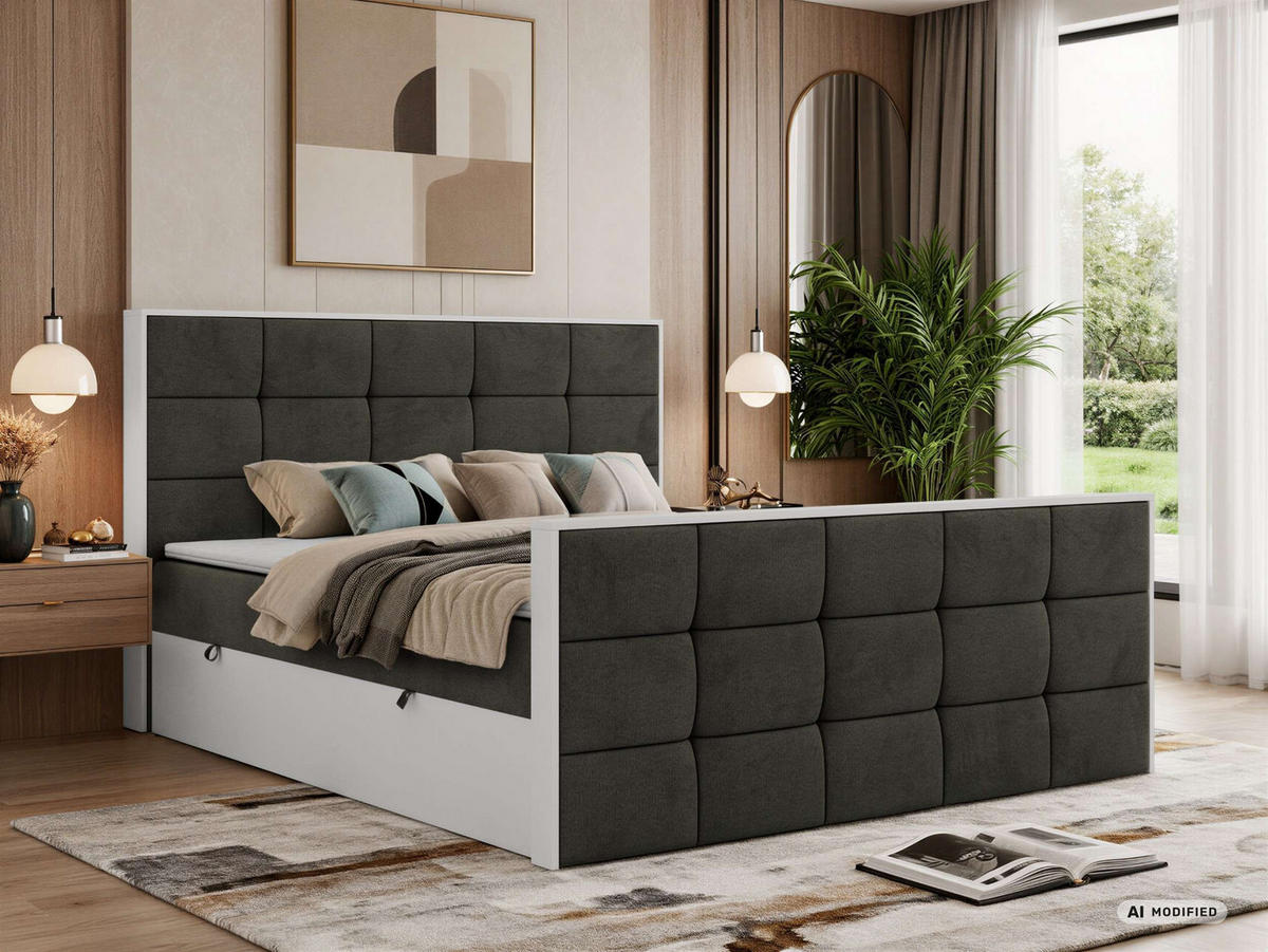 BOXBETT ALVIT DUO 160/200 - Dunkelgrau Velvet - Topper Visco - H4 - Dunkelgrau/Anthrazit, Kunststoff/Textil (160/200cm) - MKS