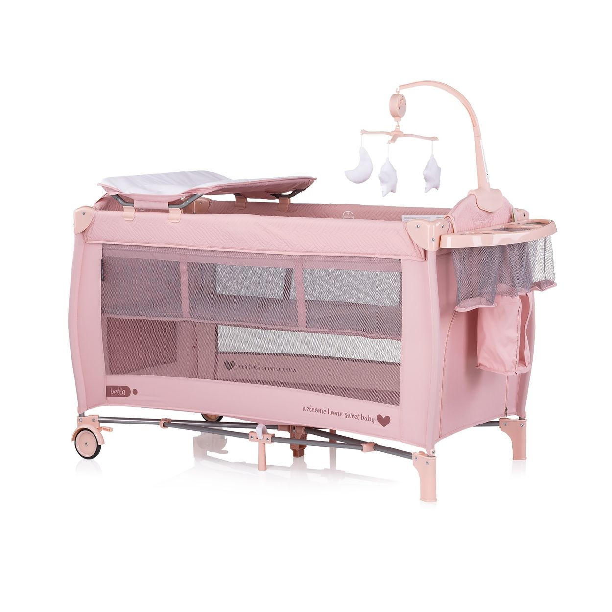 REISEBETT Bella pink 2 Ebenen seitlicher Eingang Musikmobile Wickelauflage - Pink, Kunststoff (60/120cm) - Chipolino