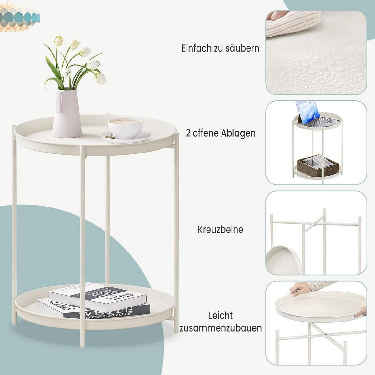 COUCHTISCH rund, mit Stauraum, Metall, Creme - Creme, Metall (44/44/53cm) - Woltu