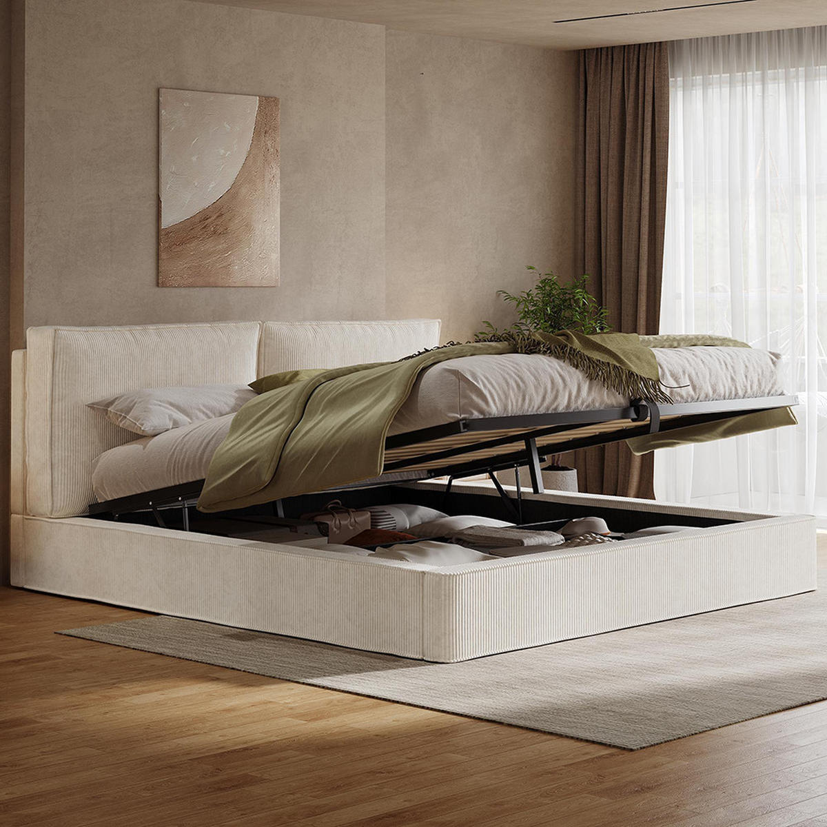 POLSTERBETT 180 x 200 cm, Bett mit Lattenrost, beige, Cord (gerippter Stoff) - Beige, Holz/Textil (180/200cm) - KOMHTOM