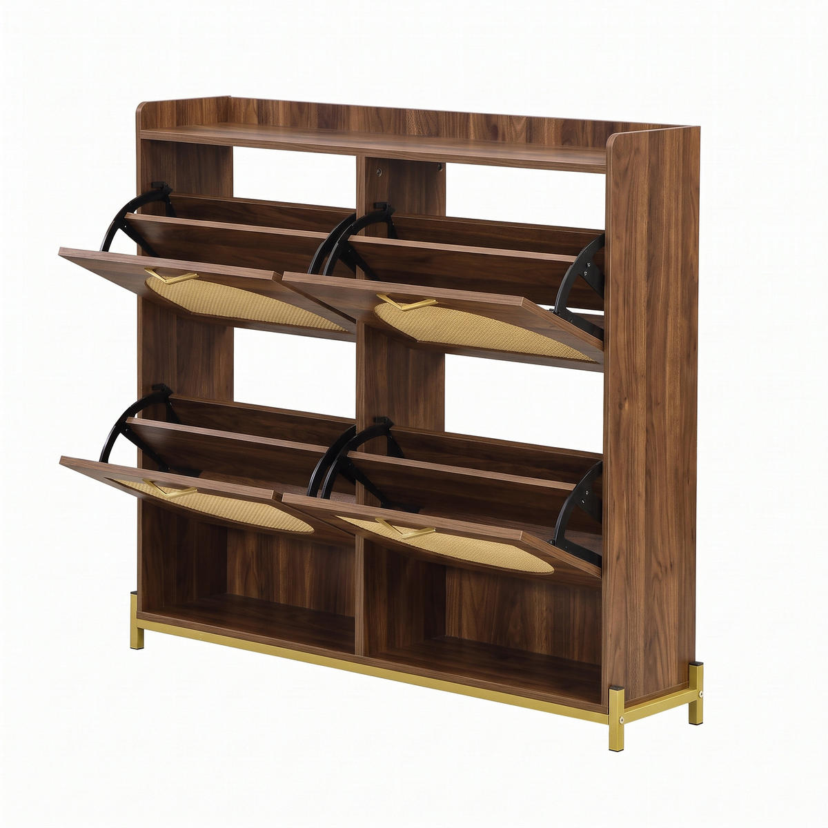 SCHUHSCHRANK Nussbaum 4 Klappen Rattan-Optik & 2 Fächer - Walnussfarben, Holzwerkstoff (108.5/100/24cm) - Urban Meuble