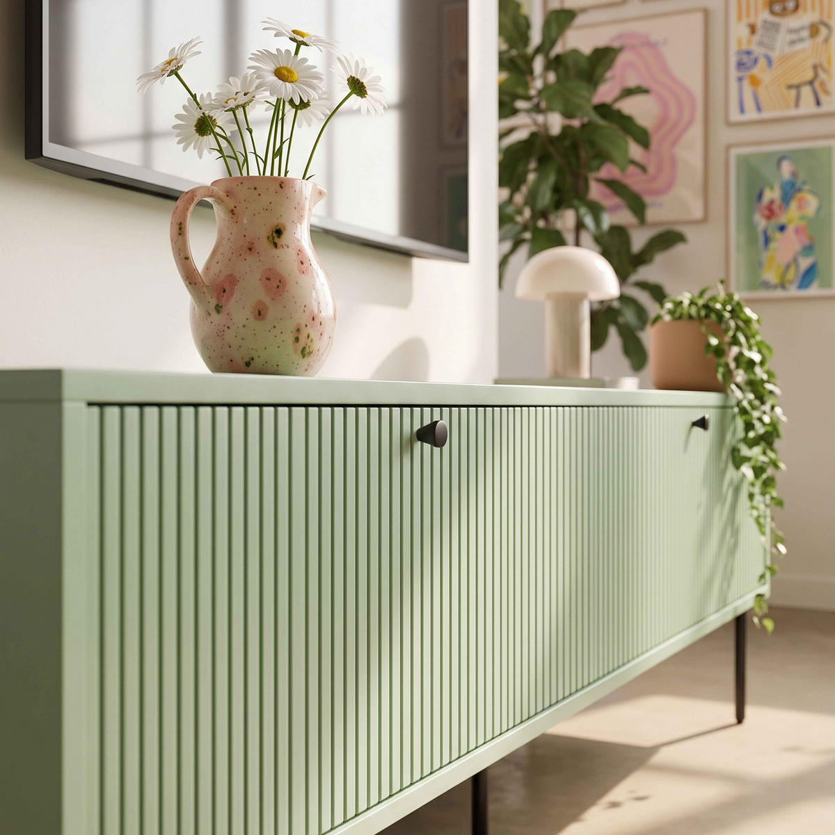 TV-MÖBEL 150 cm, Salbeigrün - Grün, Holz/Metall (150/50/40cm) - Oviala