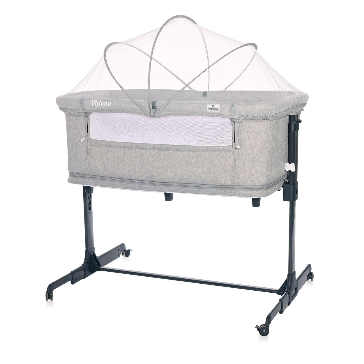 BEISTELLBETT Milano 2 in 1 grau 88 x 50 cm, Matratze, Laufstall, Moskitonetz, 5-fach verstellbar - Grau, Metall (50/88cm) - Lorelli