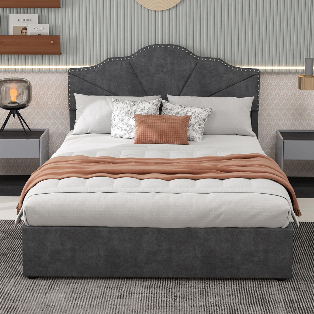 POLSTERBETT 160x200 cm Samt Stauraum hydraulisch grau - Grau, Textil (160/200cm) - LEBENLANG