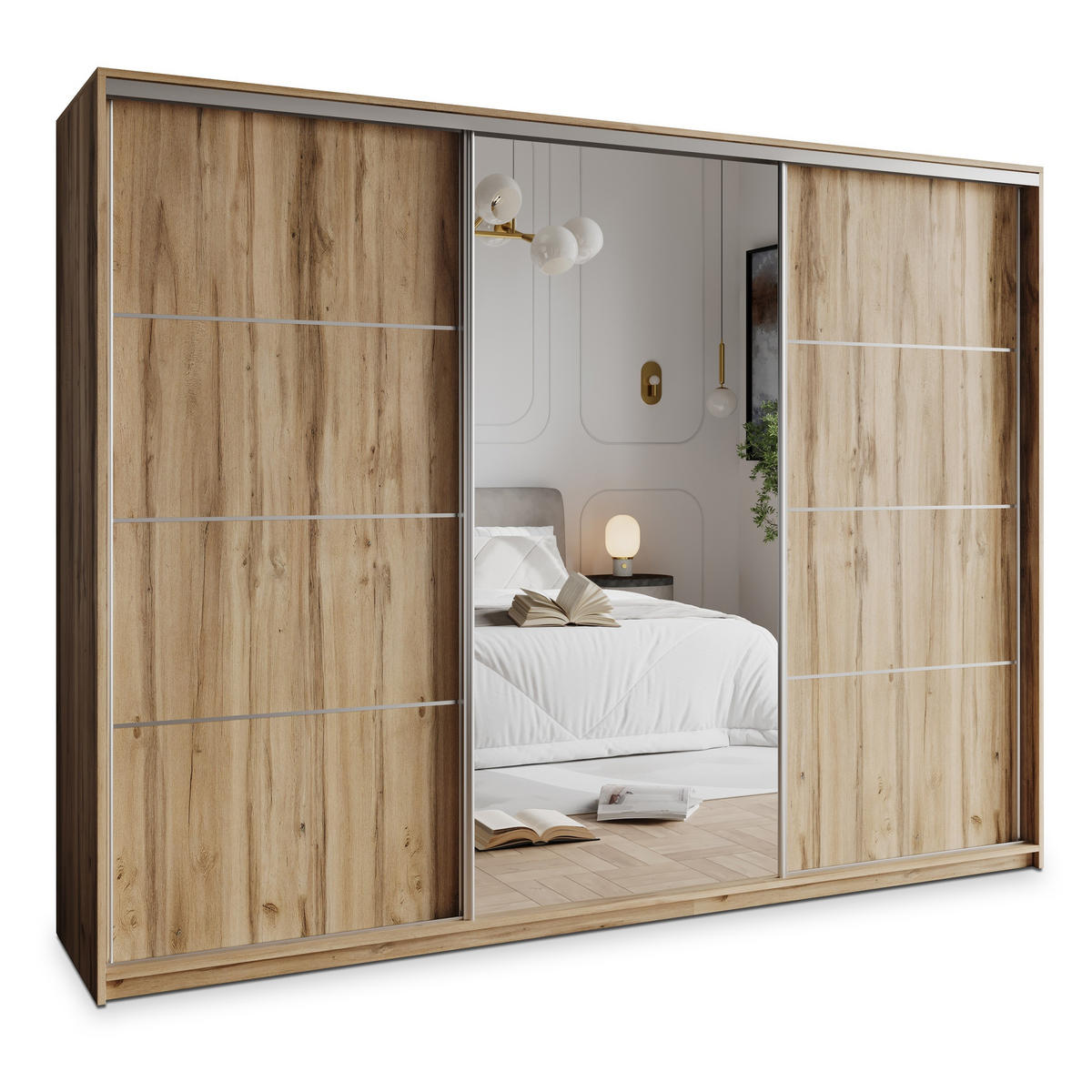 SCHWEBETÜRENSCHRANK VARO 250/205/60 cm 3-türig mit Spiegel und Schubladen Eiche Wotan - Eiche Wotan/Nickelfarben, Holzwerkstoff (250/205/60cm) - MASSENO