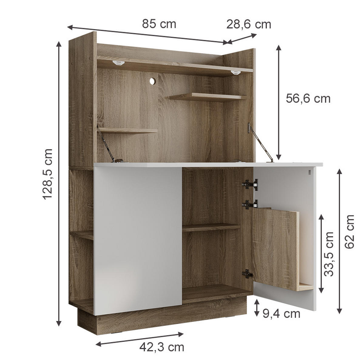 SEKRETÄR SCHREIBTISCH Alena Sonoma 85 x 27 cm - Weiß/Sonoma Eiche, Holzwerkstoff (27/85/118.9cm) - Vicco