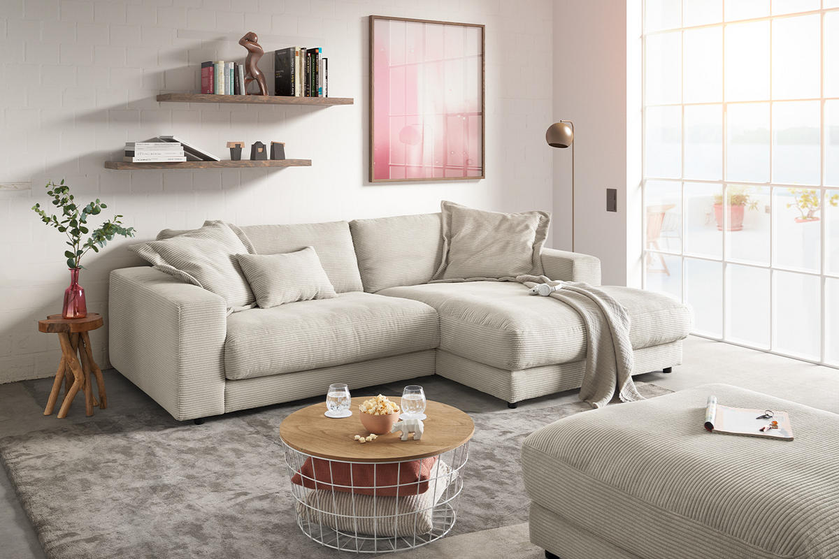 ECKSOFA MADELINE Hellgrau Cord - Hellgrau/Schwarz, Kunststoff/Textil (270/190cm) - KAWOLA