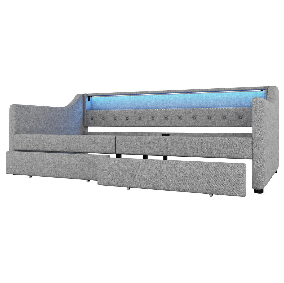 POLSTERBETT aus Leinen 90x200 cm in Grau mit LED & USB & 2 Schubladen - Grau, Textil (90/200cm) - Modfu
