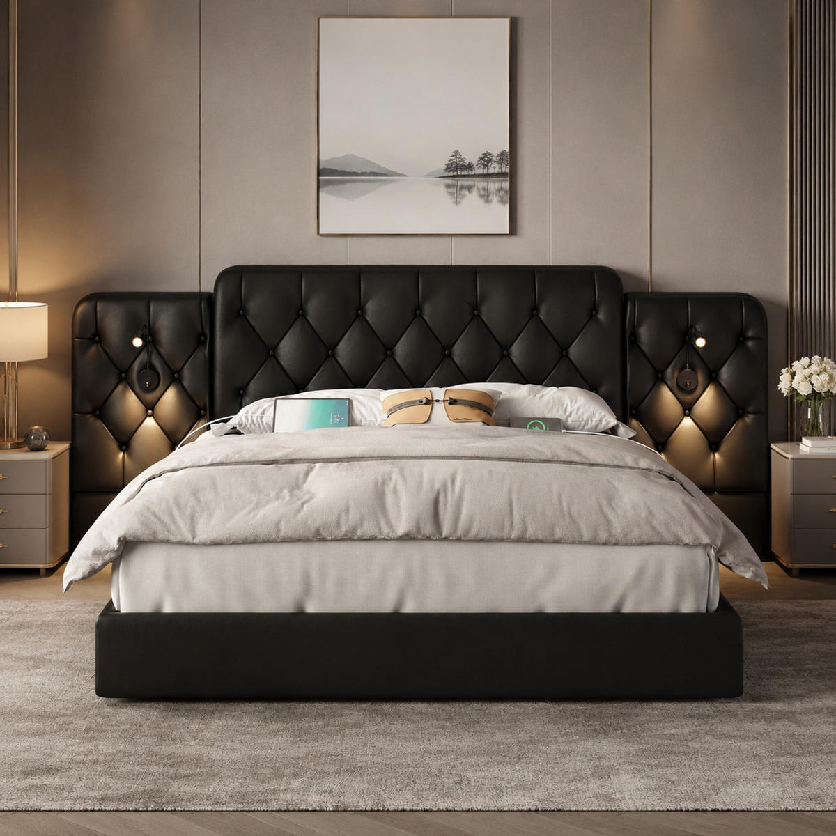 POLSTERBETT 160/200 mit langem Kopfteil, USB-Anschlüssen, Hydrauliksystem und Stauraum in Schwarz - Schwarz, Holzwerkstoff/Textil (160/200cm) - EVRYAE