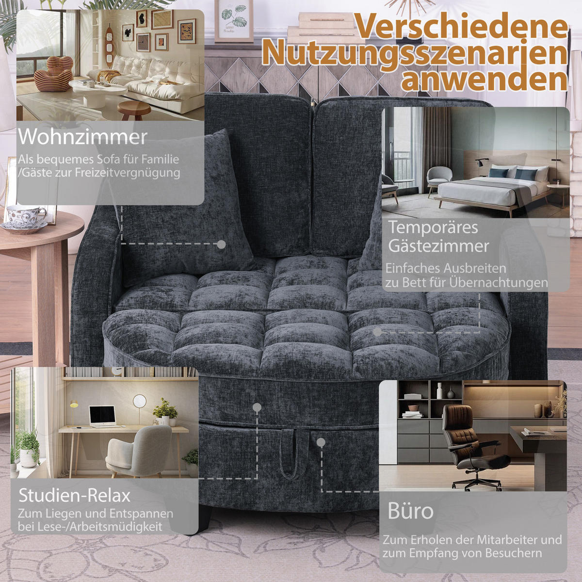 SCHLAFSOFA 2-in-1 mit Hocker und Stauraum, Schwarz - Schwarz, Holz (132/93/129cm)