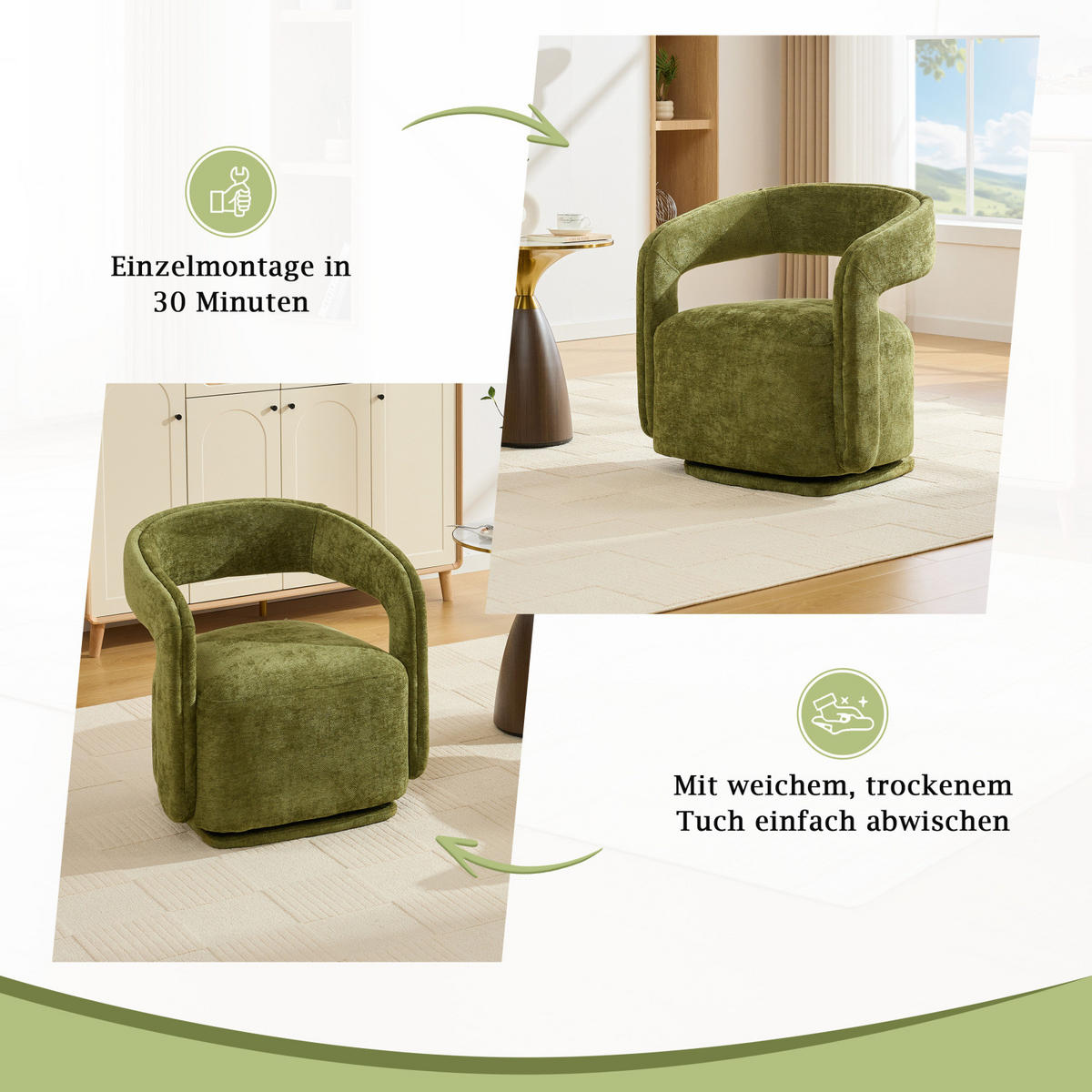 SESSEL,360 Grad Drehsessel Grün, Wohnzimmer Loungesessel - Grün, Textil (70/74/65cm) - PARAFTA HOME