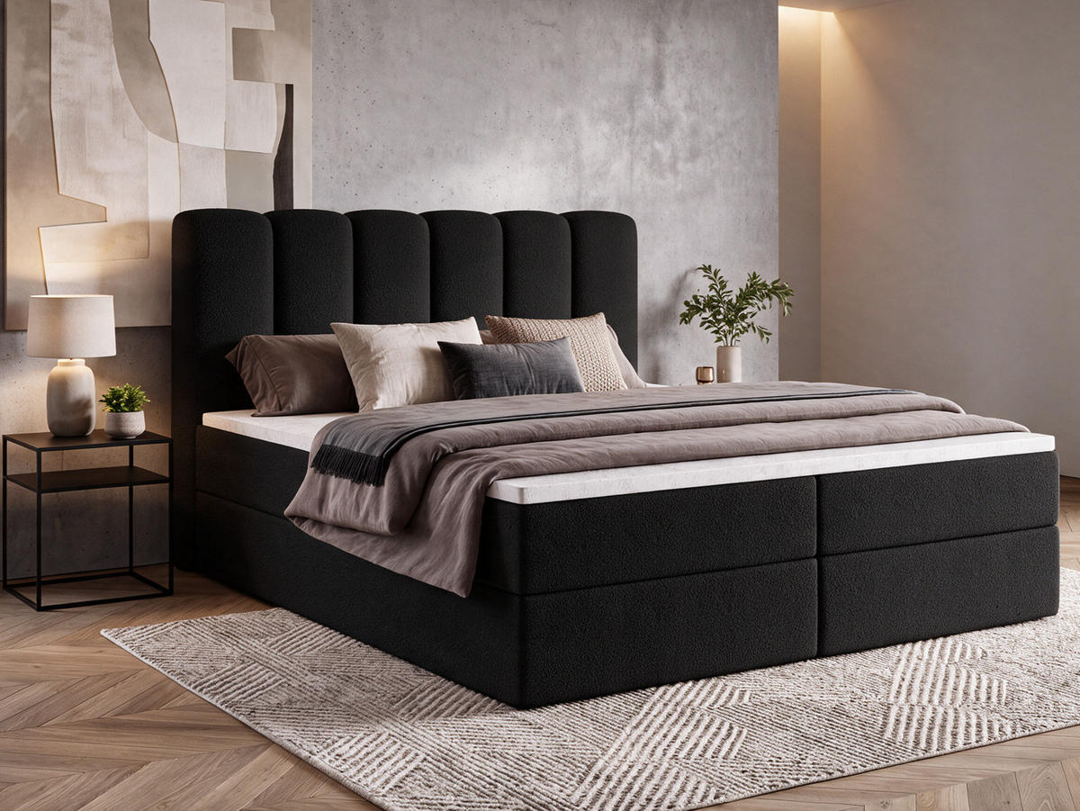 BOXBET NOLARO 160x200 cm Komplett-Set mit Bettkasten, Bonell-Matratze und Topper, Bouclé Schwarz - Schwarz, Textil (160/200cm) - Luxkor24