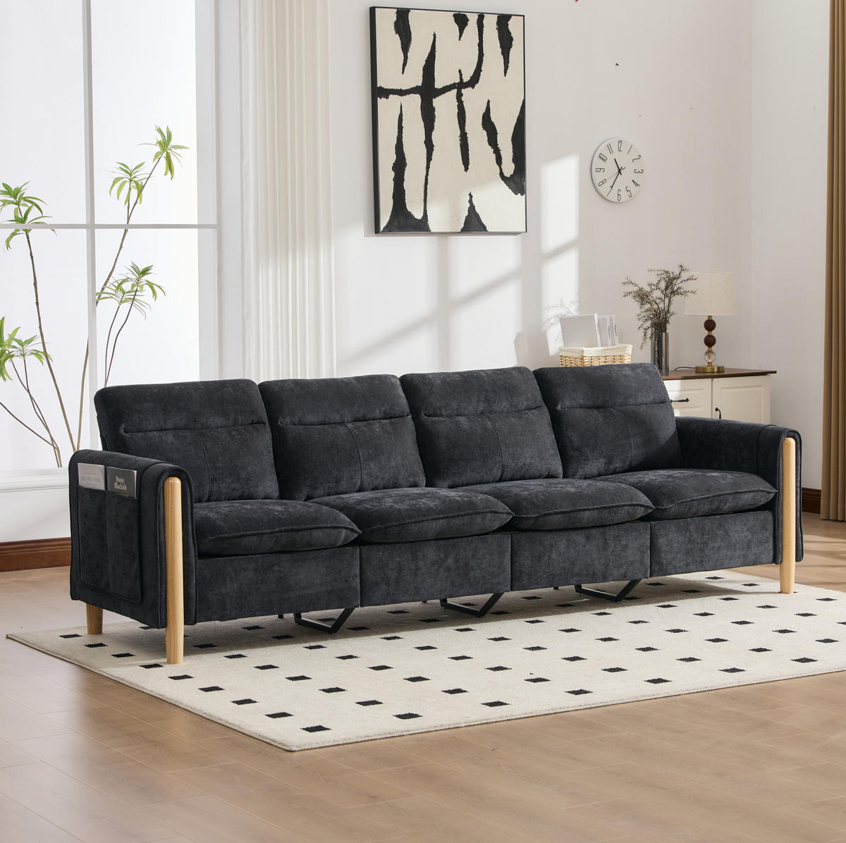 SOFA 261/77/86 cm in Schwarz aus Chenille mit 2 Hockern und Stauraum - Schwarz, Textil (77/86/261cm) - Flora Grace