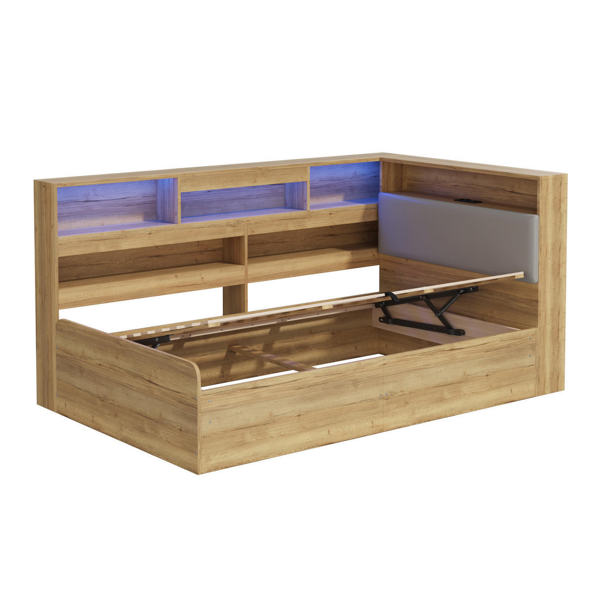 KINDERBETT 90/200 cm mit hydraulischem Stauraum, LED-Beleuchtung und USB-Ladestation, Natur - Naturfarben, Holzwerkstoff (90/200cm) - Redom