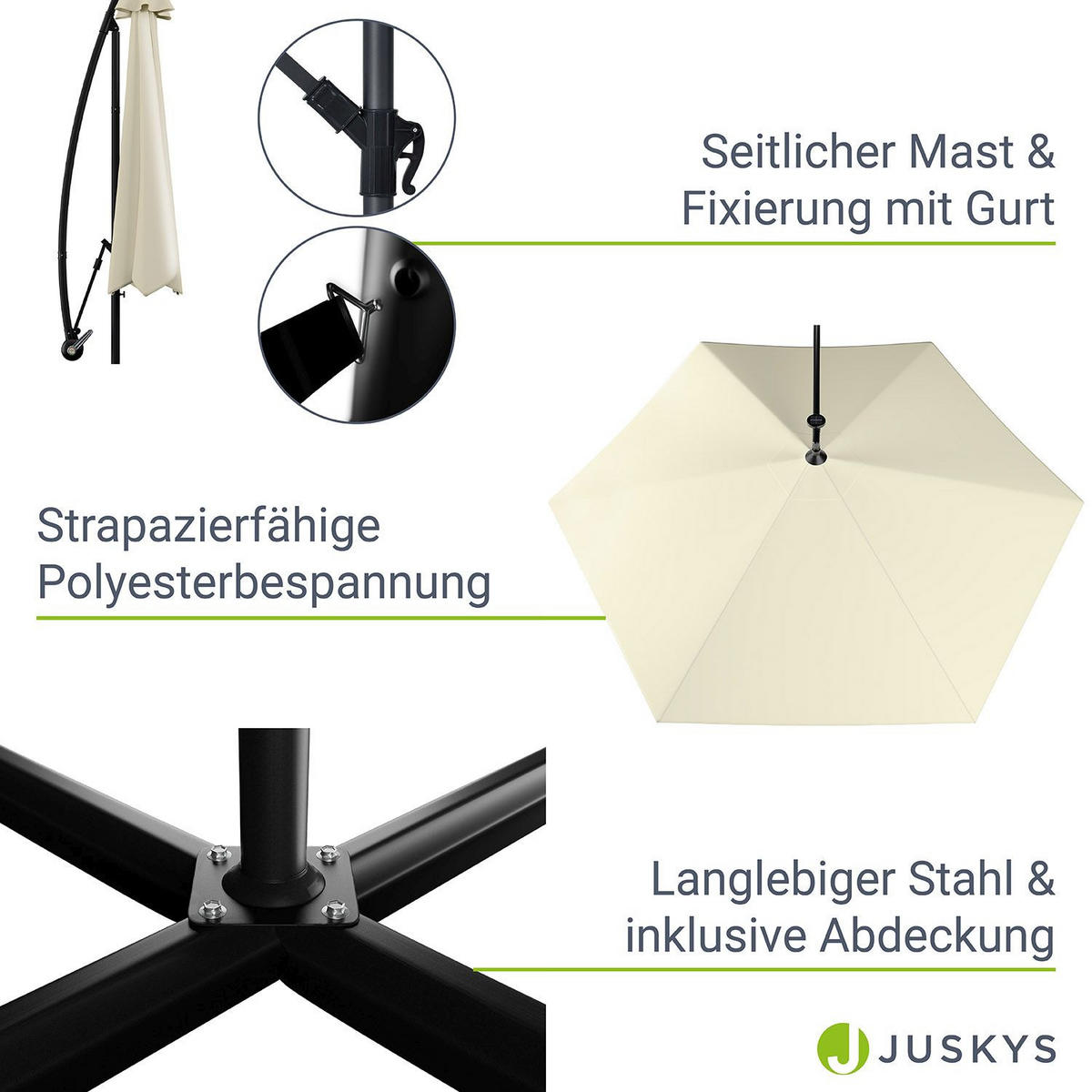 AMPELSCHIRM Brazil dunkelgrau/creme 3m mit LED, Kurbel und Standfuß - Creme, Metall (285/285cm) - Juskys