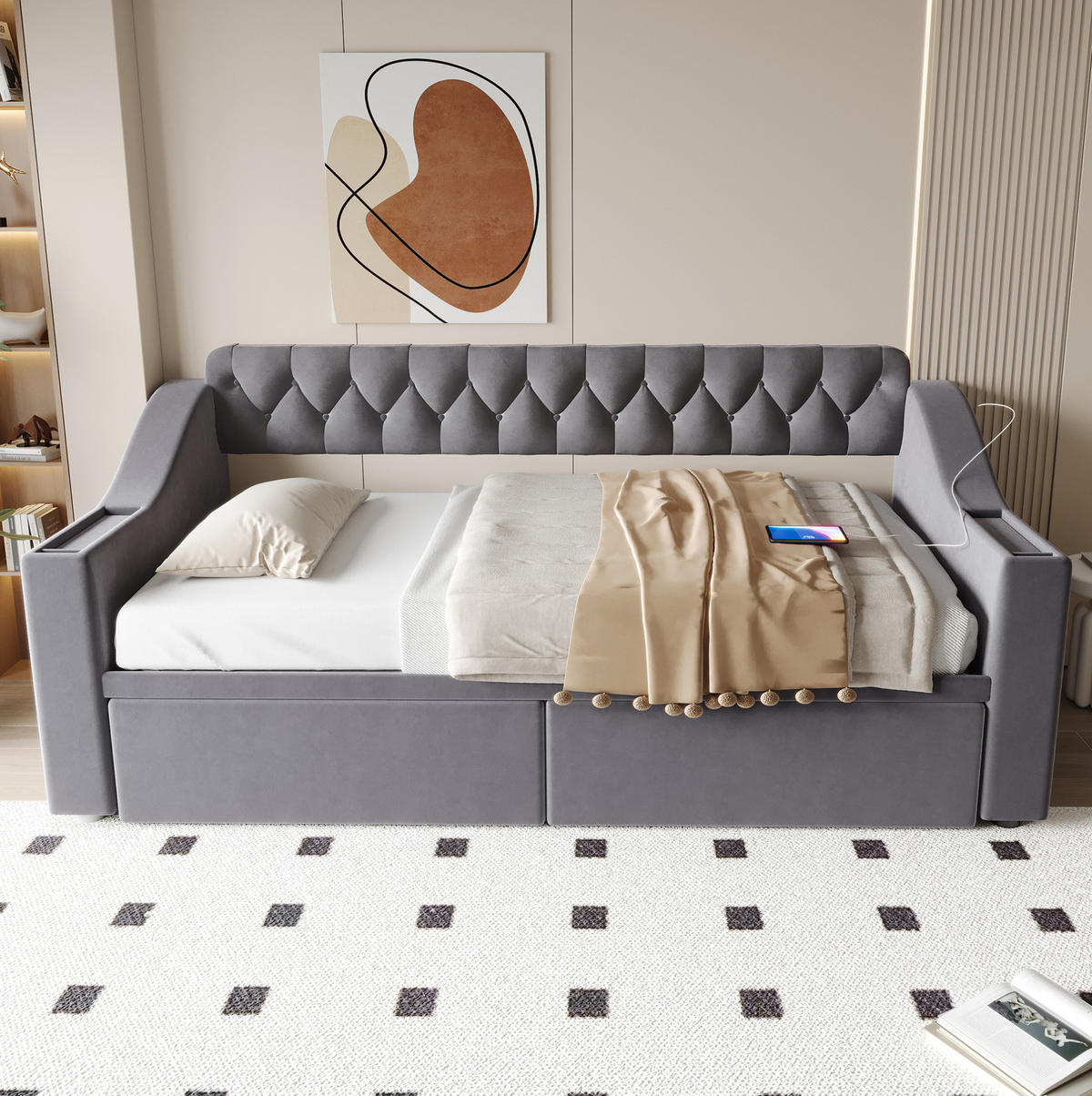 POLSTERBETT 90/190 cm mit USB- und Typ-C-Anschluss, Stauraumschubladen und Armlehnenfächern aus Samt, Dunkelgrau - Grau, Textil (90/190cm) - Redom