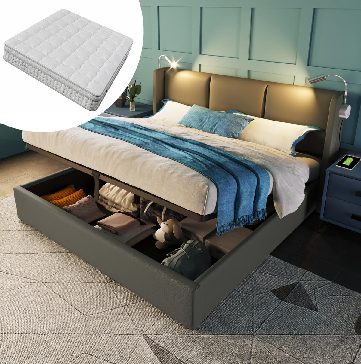 BETT mit Bettkasten 160x200 cm PU Grau mit Matratze - Grau, Metall (160/200cm) - Meubliv