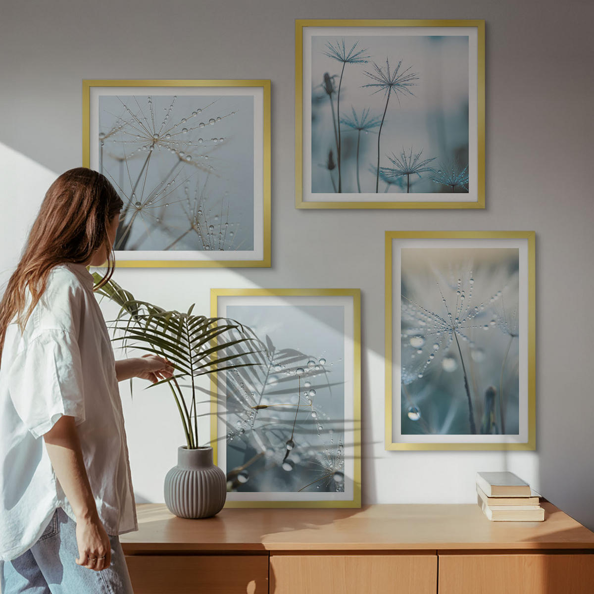 BILDER SET 4er Set - 50x50 cm & 40x60 cm Goldrahmen - Tautropfen auf Löwenzahn - Goldfarben, Kunststoff (50/50cm) - TULUP