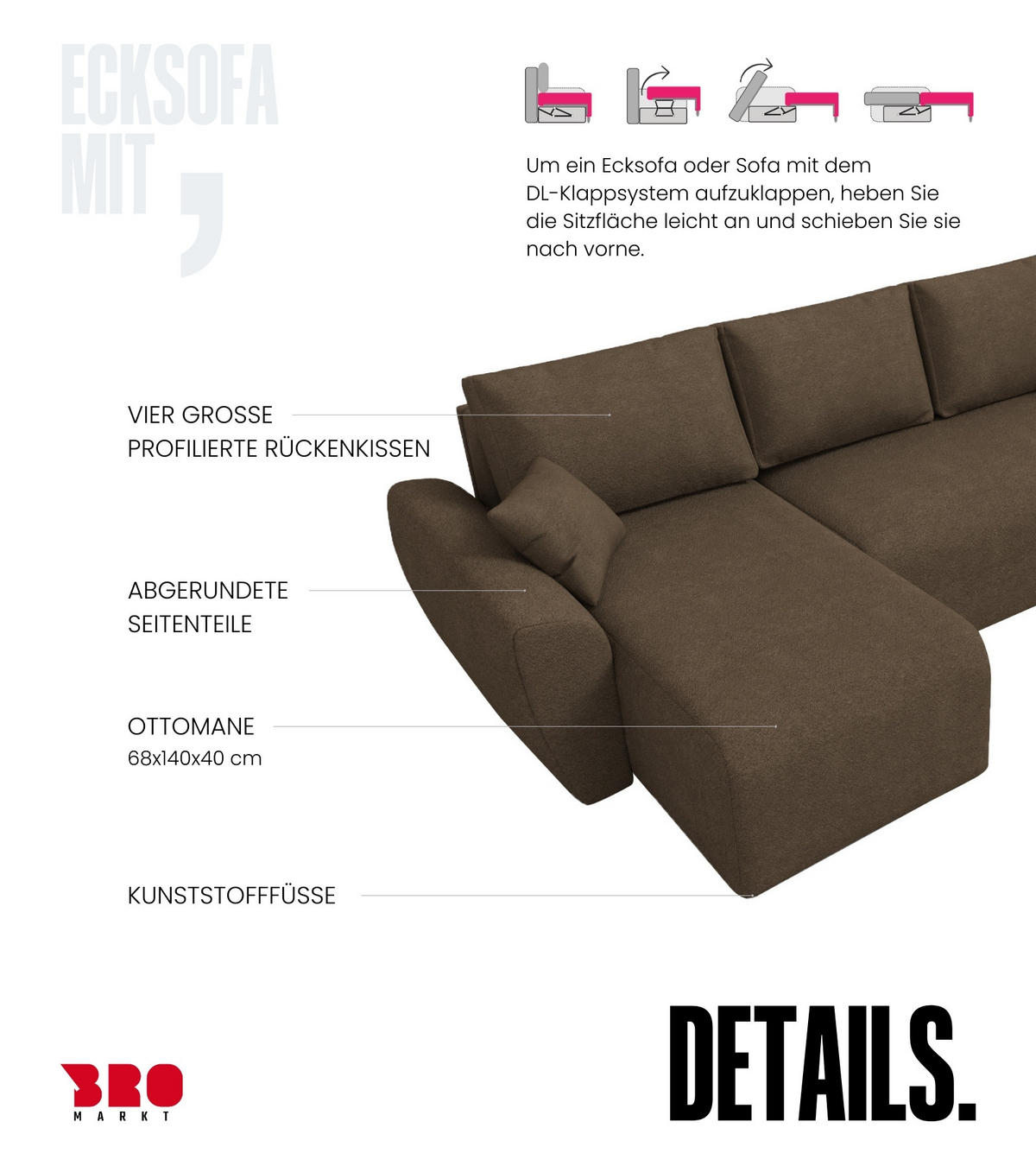 WOHLANDSCHAFT Rotterdam U mit Schlaffunktion Braun Bouclé - Braun, Textil (310/80/141cm) - Bromarkt