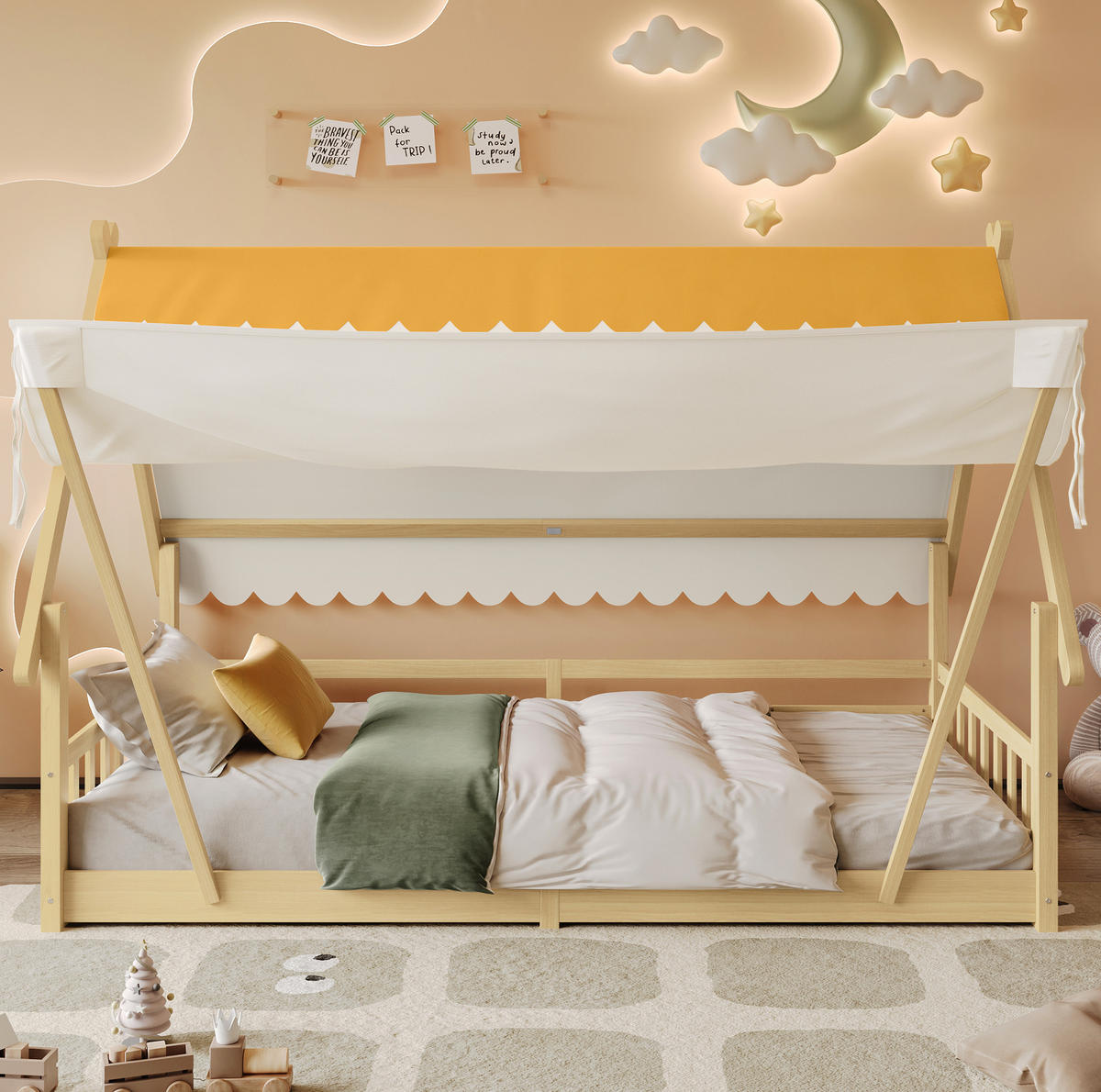 HAUSBETT aus Kiefer und Sperrholz 90x200 cm Weiß/Natur mit abnehmbarem Zelt und Sicherheitsgeländer - Weiß, Holzwerkstoff (90/200cm) - Modfu