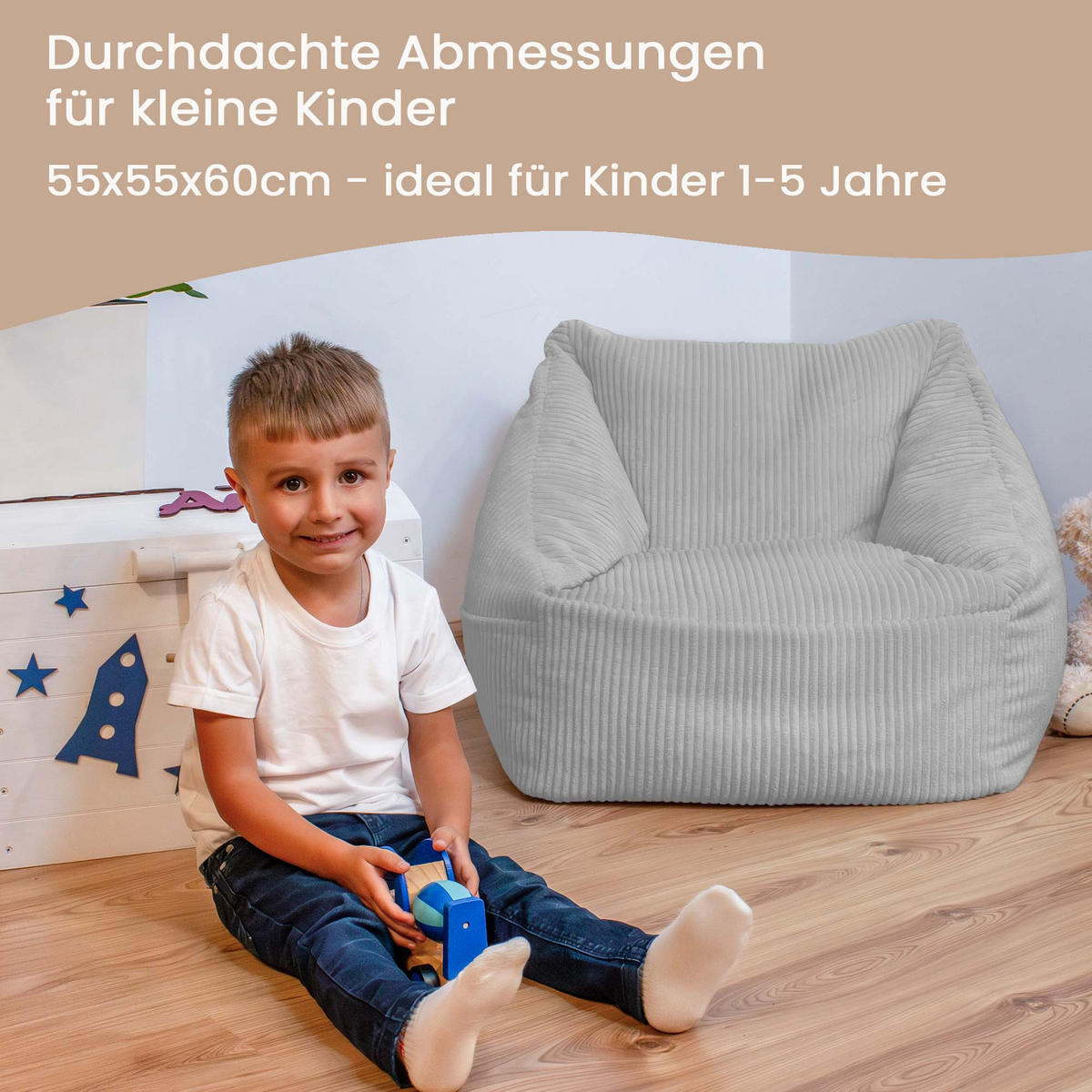 SITZSACK-SESSEL Bambino 55/60/55 cm, weicher Bouclé 315 g/m², mit Griff & Seitentasche, Hellgrau - Hellgrau, Textil (55/55/60cm) - Dreamroots